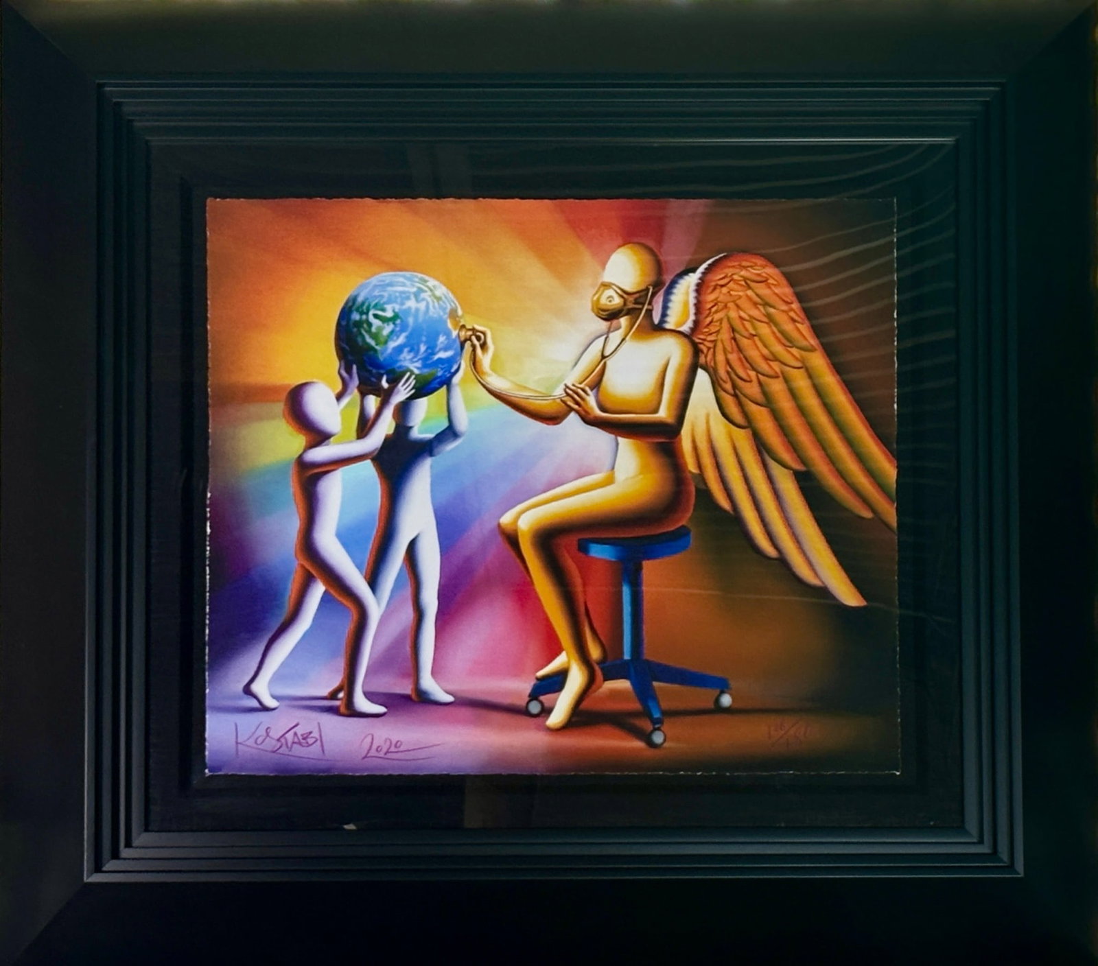 Spiritual Diagnosis by Mark Kostabi, Giclee on Paper: “Spiritual Diagnosis” by renowned artist Mark Kostabi, a giclee on paper created in 2020. The artwork features vibrant colors depicting winged and masked figures interacting with a stethoscope