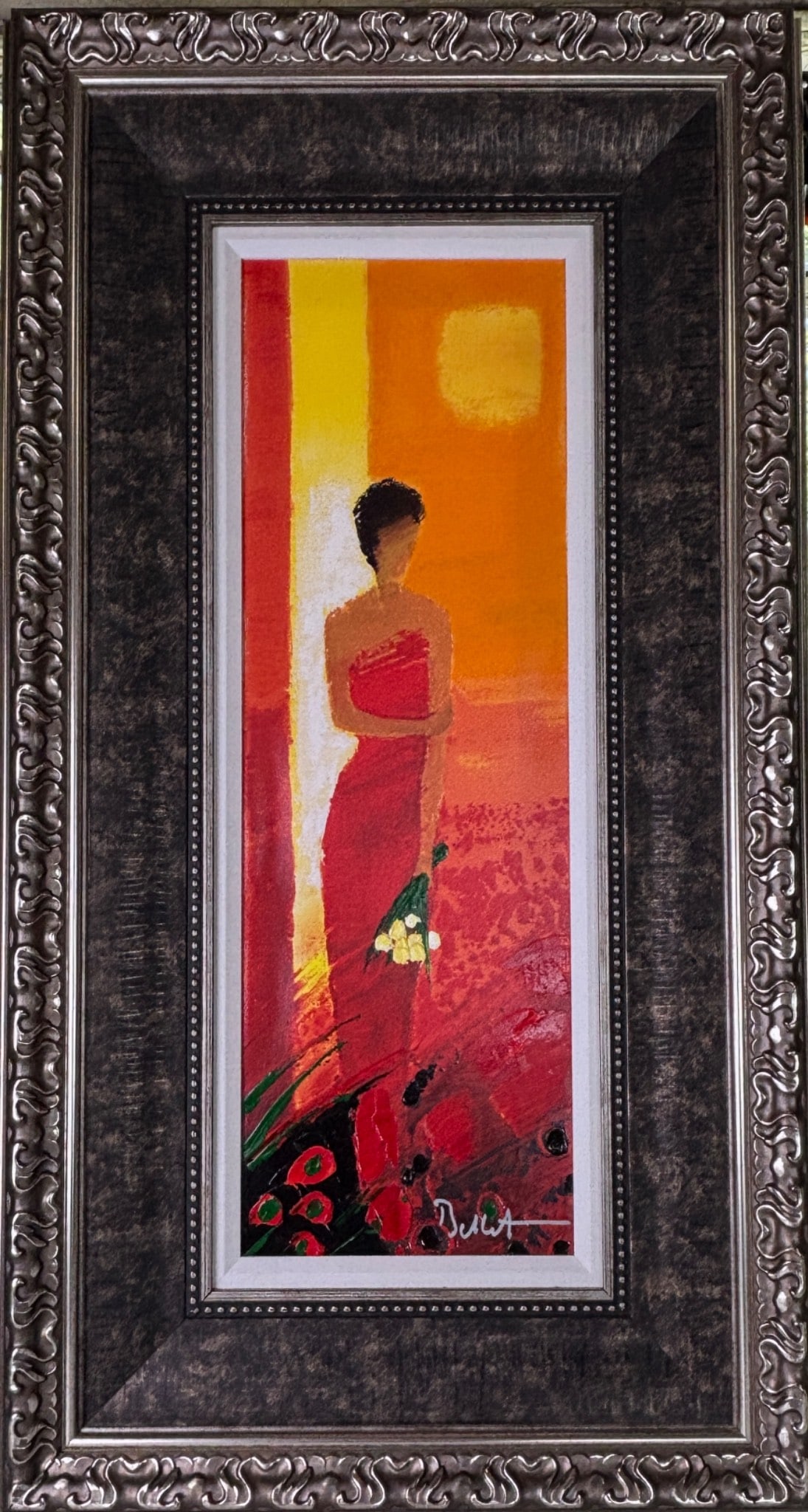Erte Rouge Embellished Giclee on Canvas Emile Bellet: Erte Rouge, an embellished giclee on canvas by Emile Bellet, features a striking female figure in a red dress with abstract floral elements in vibrant reds, yellows, and oranges. Signed by the artist 