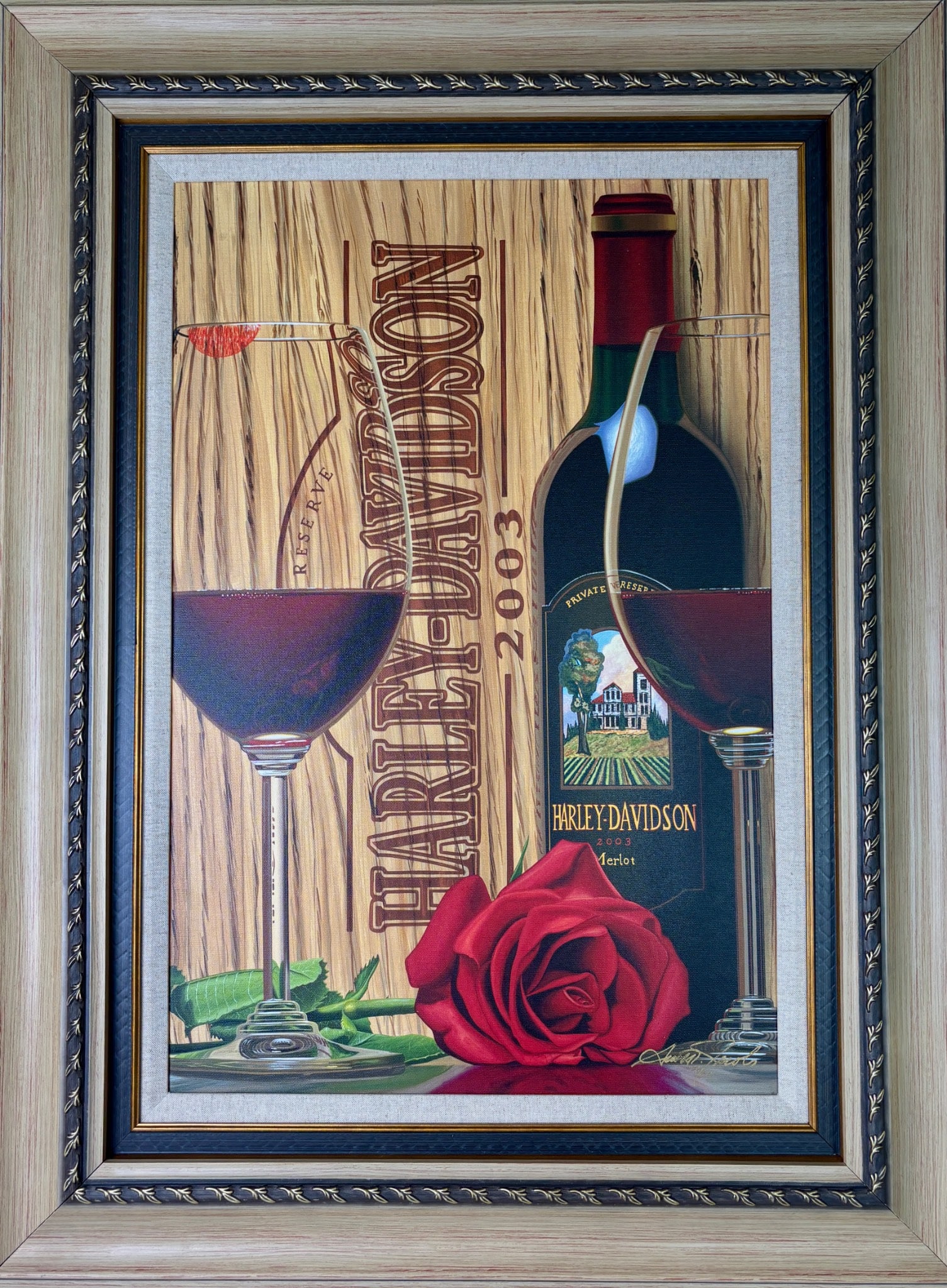 Scott Jacobs 'Invitation Only' Giclee on Canvas: Scott Jacobs fine art giclee titled 'Invitation Only,' depicting a Harley-Davidson wine-themed design featuring wine glasses, a wine bottle labeled with 'Harley-Davidson,' and a red rose. The piece is