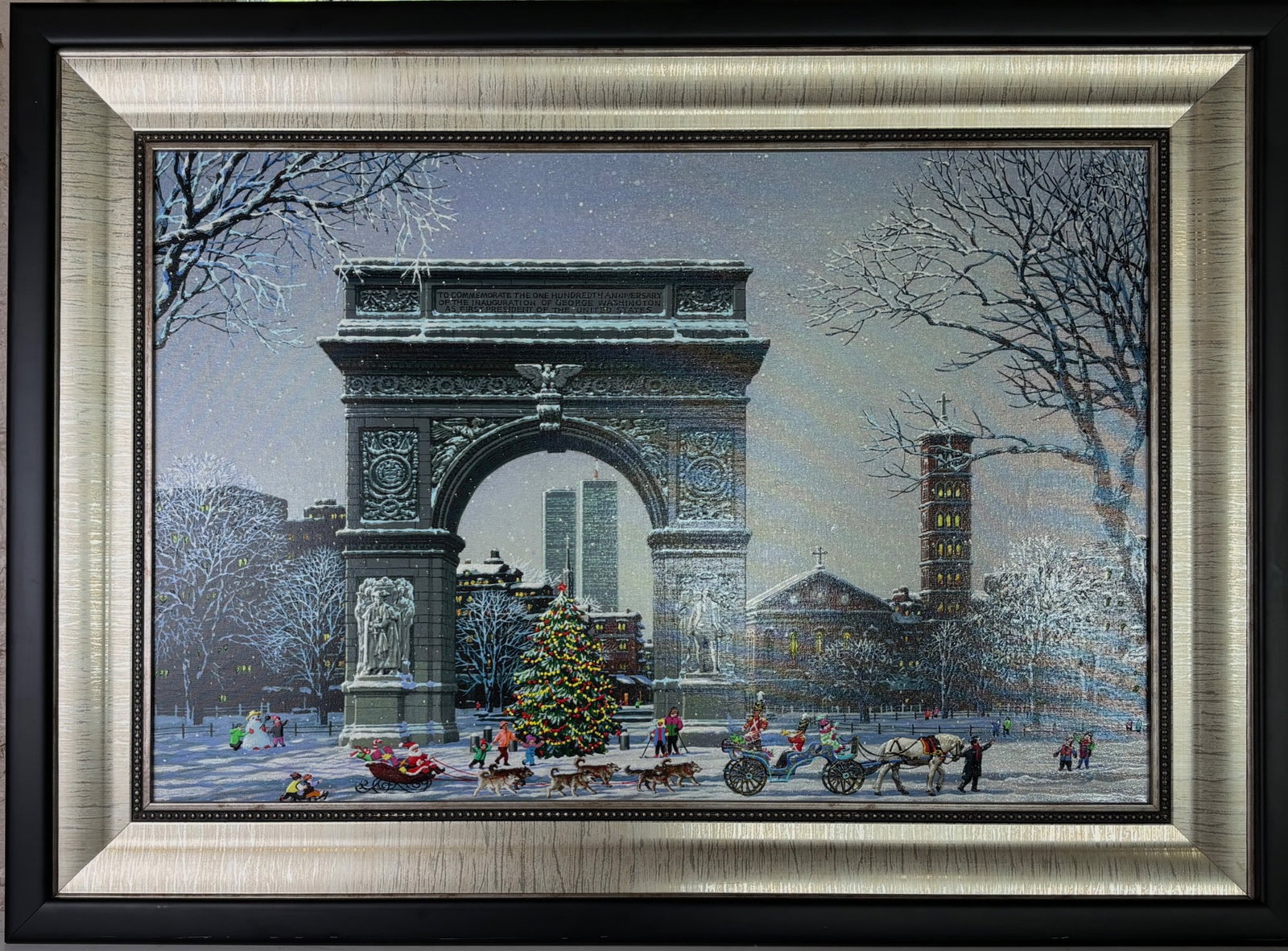 Alexander Chen Washington Square Park Embellished Giclee: Alexander Chen's giclee print on canvas titled 'Washington Square Park,' featuring the iconic arch and holiday scene with figures and details in a snowy setting. The piece is embellished, signed, and 
