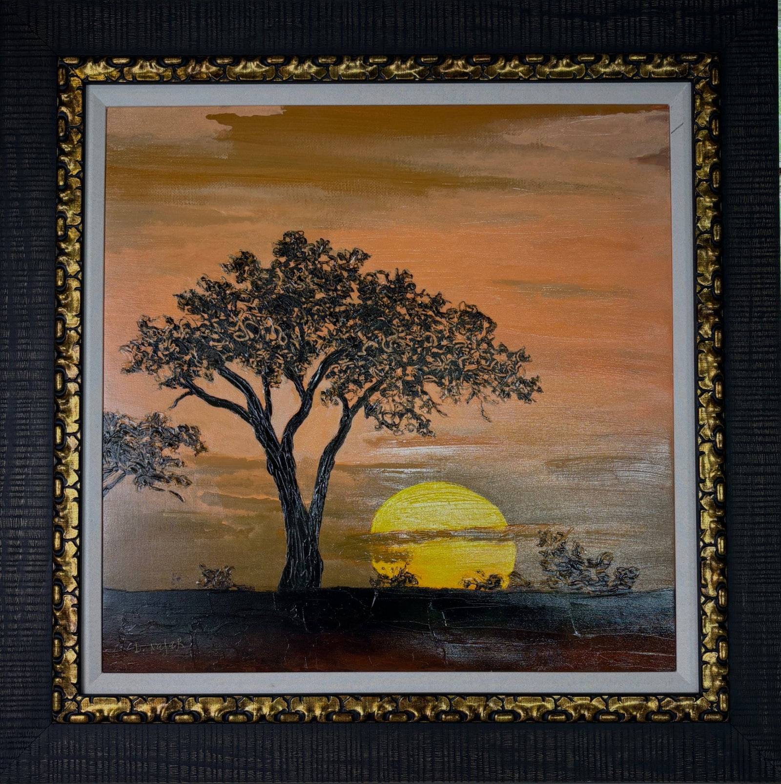 David Najar Sunrise Embellished Giclee on Canvas, Framed: Embellished giclee on canvas by David Najar, titled ‘Sunrise.’ Features a silhouette of a central tree with a vibrant yellow sun rising against an orange sky. Signed ‘D. Najar’ on the lower le