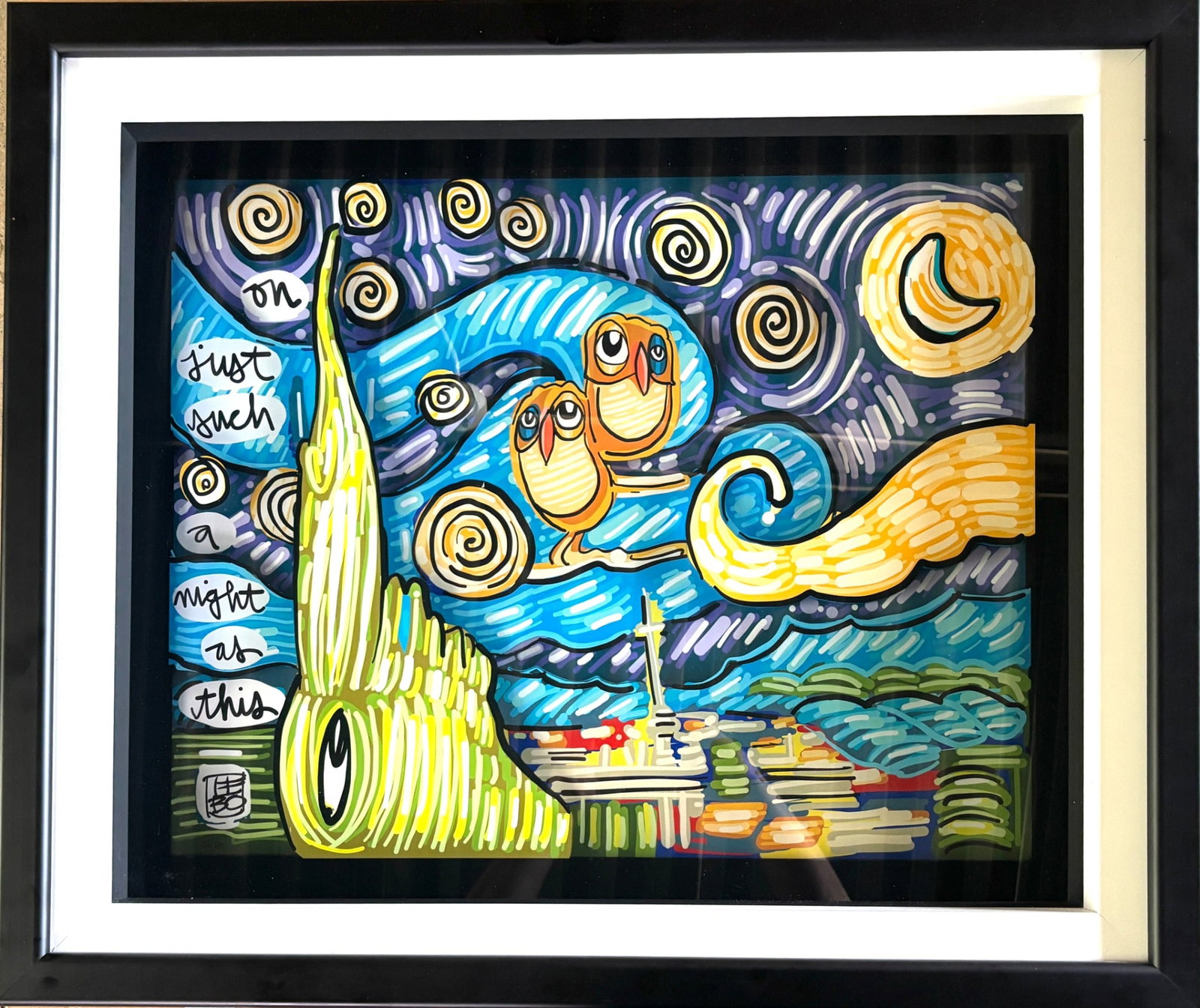 LEBO ‘On Such a Night as This’ 2020 3D Sculptograph: ‘On Such a Night as This,’ a 2020 3D sculptograph by LEBO David Le Batard, incorporates archival UV ink embellishments. The vibrant composition features whimsical owls, swirling patterns, crescent