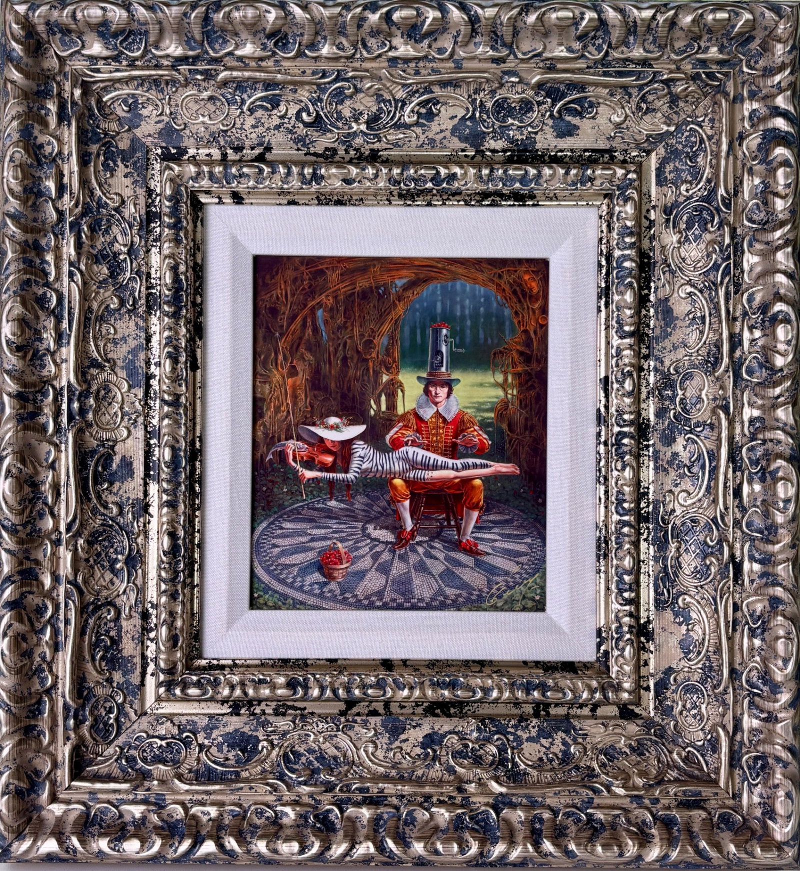 Michael Cheval 'Imagine II' Dye Sublimation: Michael Cheval's 'Imagine II' art, created through dye sublimation, depicts a surreal figure with a violin. It is mounted in a metallic, heavily ornate frame with black detailing. Signature visible in