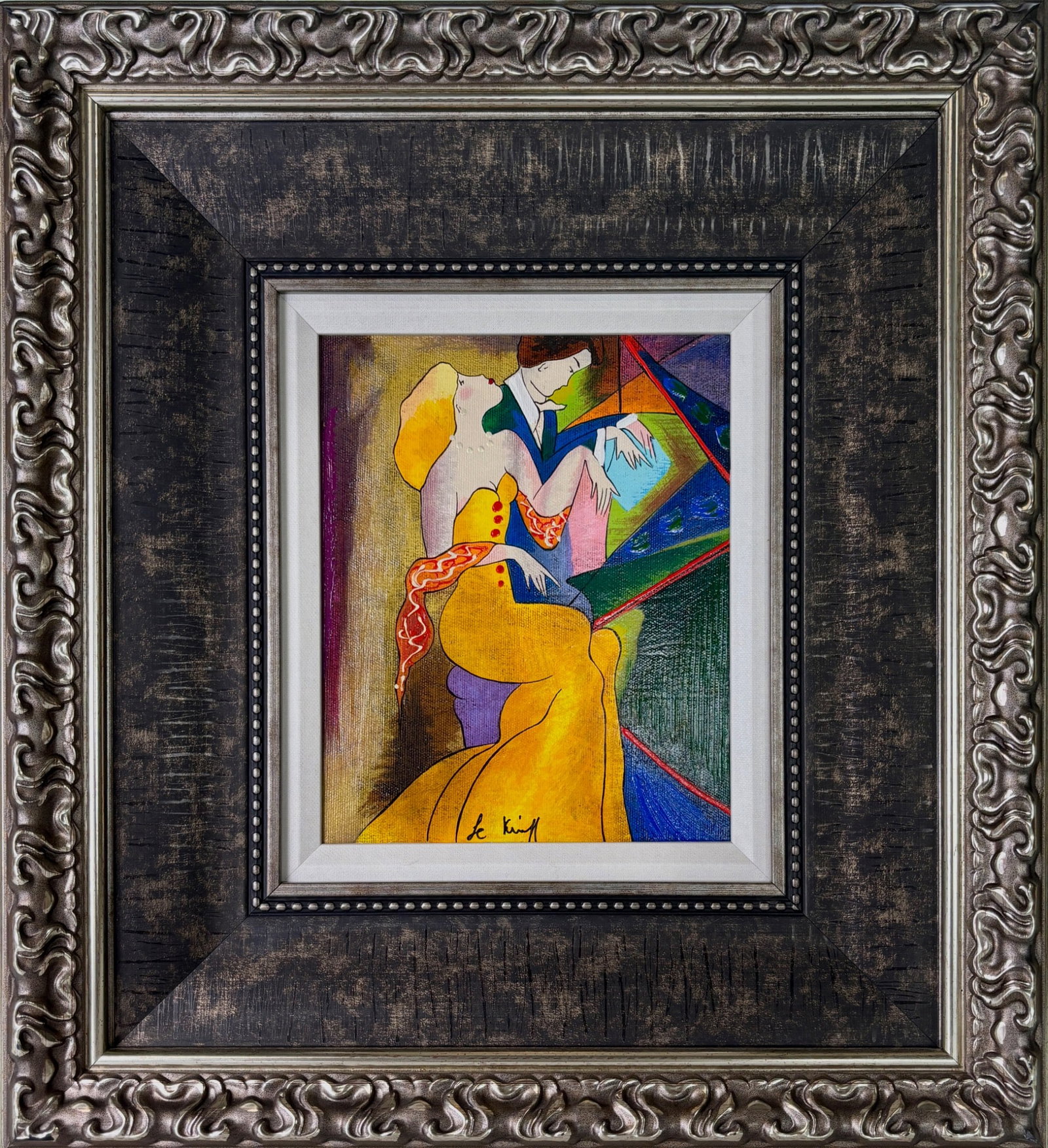 Linda Le Kinff 'Concert' Serigraph on Canvas in Ornate Frame: Linda Le Kinff's 'Concert,' a serigraph on canvas, features her signature at the lower center. The artwork depicts a vibrant and stylized composition of two figures in vivid colors. It is presented in