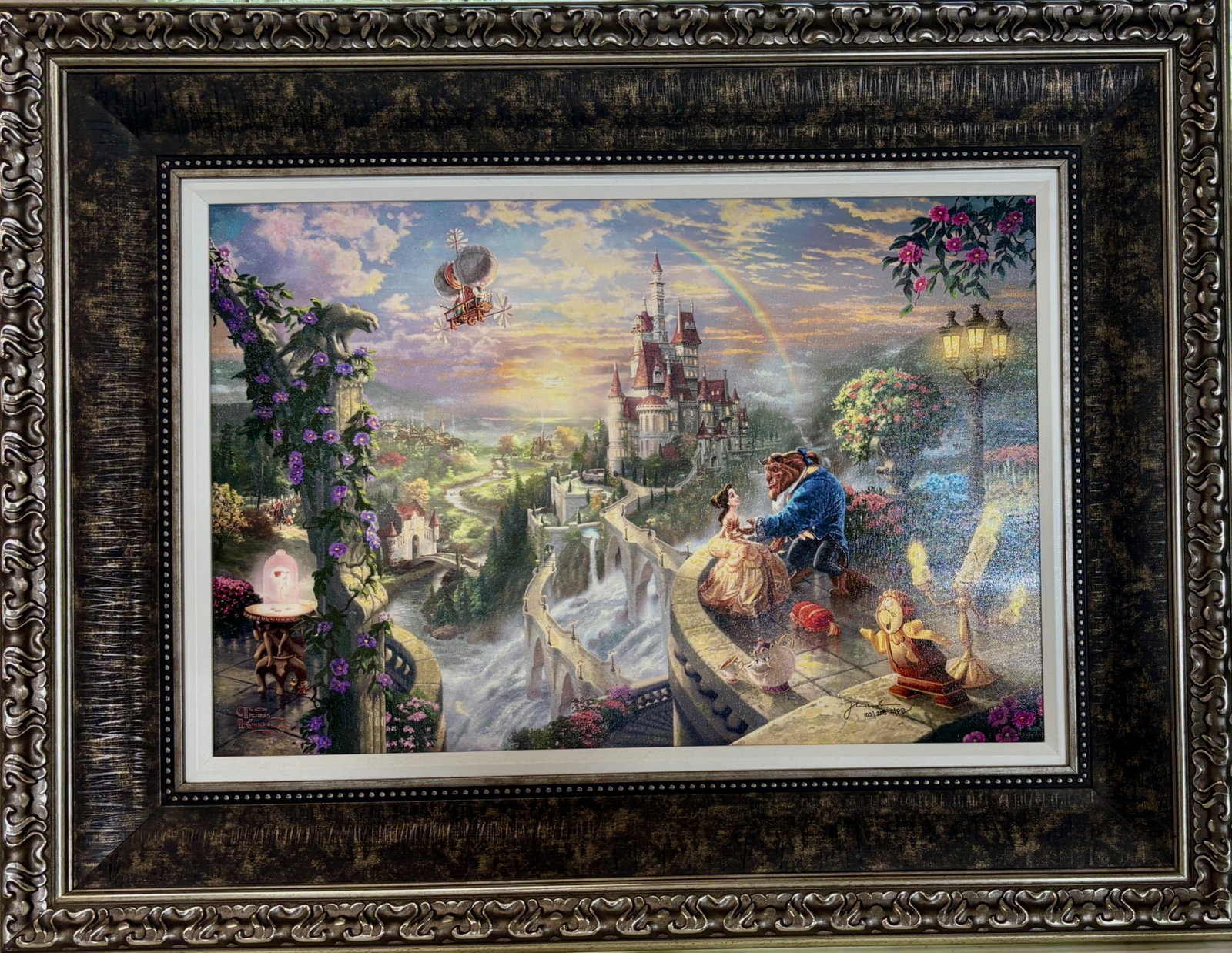 Thomas Kinkade 'Beauty and the Beast Falling in Love' Giclee: Limited edition giclee artwork titled 'Beauty and the Beast Falling in Love' by Thomas Kinkade. Features vivid color and acrylic embellishments on canvas. Edition number 103/208, labeled 'I/PP' (Inter