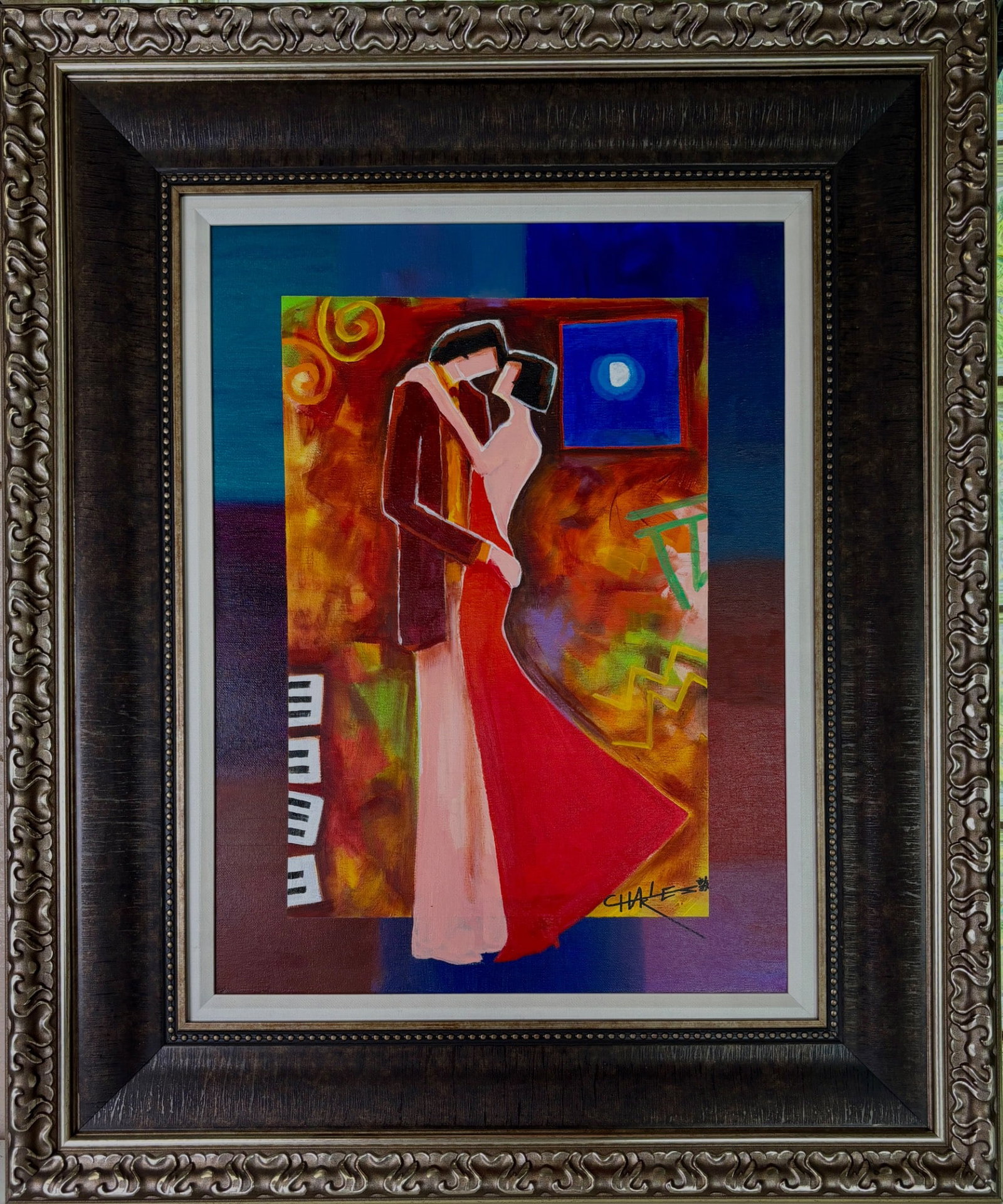 Frozen in Time by Charles Lee Acrylic on Canvas: Contemporary painting titled Frozen in Time by Charles Lee, executed in acrylic on canvas. Features an abstract depiction of a couple in an embrace, set against vibrant, multi-colored backgrounds with