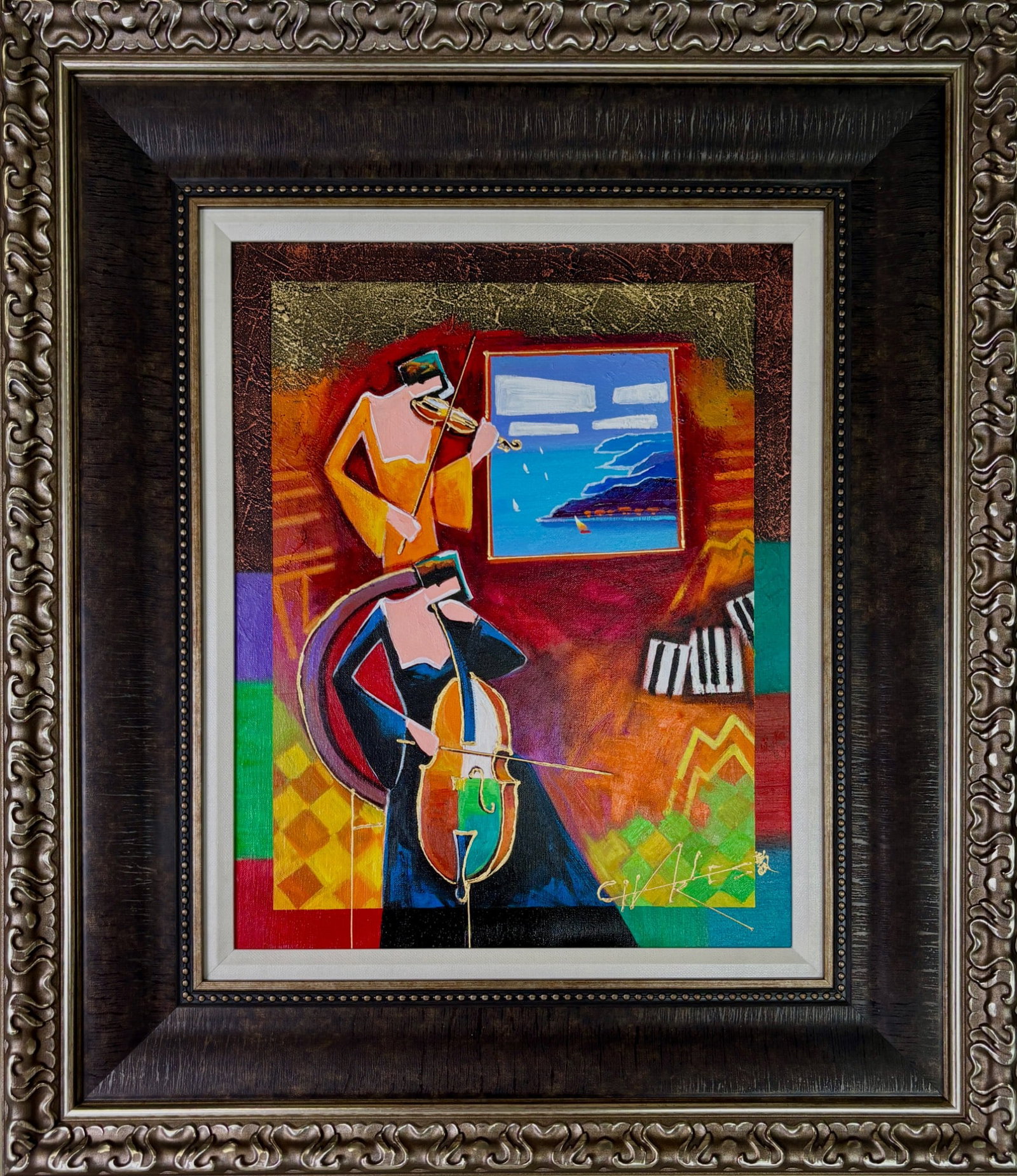 Framed Acrylic on Canvas 'Window Dressing' by Charles Lee: Acrylic on canvas artwork titled 'Window Dressing,' created by Charles Lee. The composition depicts two abstract musicians, one playing a violin and the other a cello, alongside vibrant colors and geo