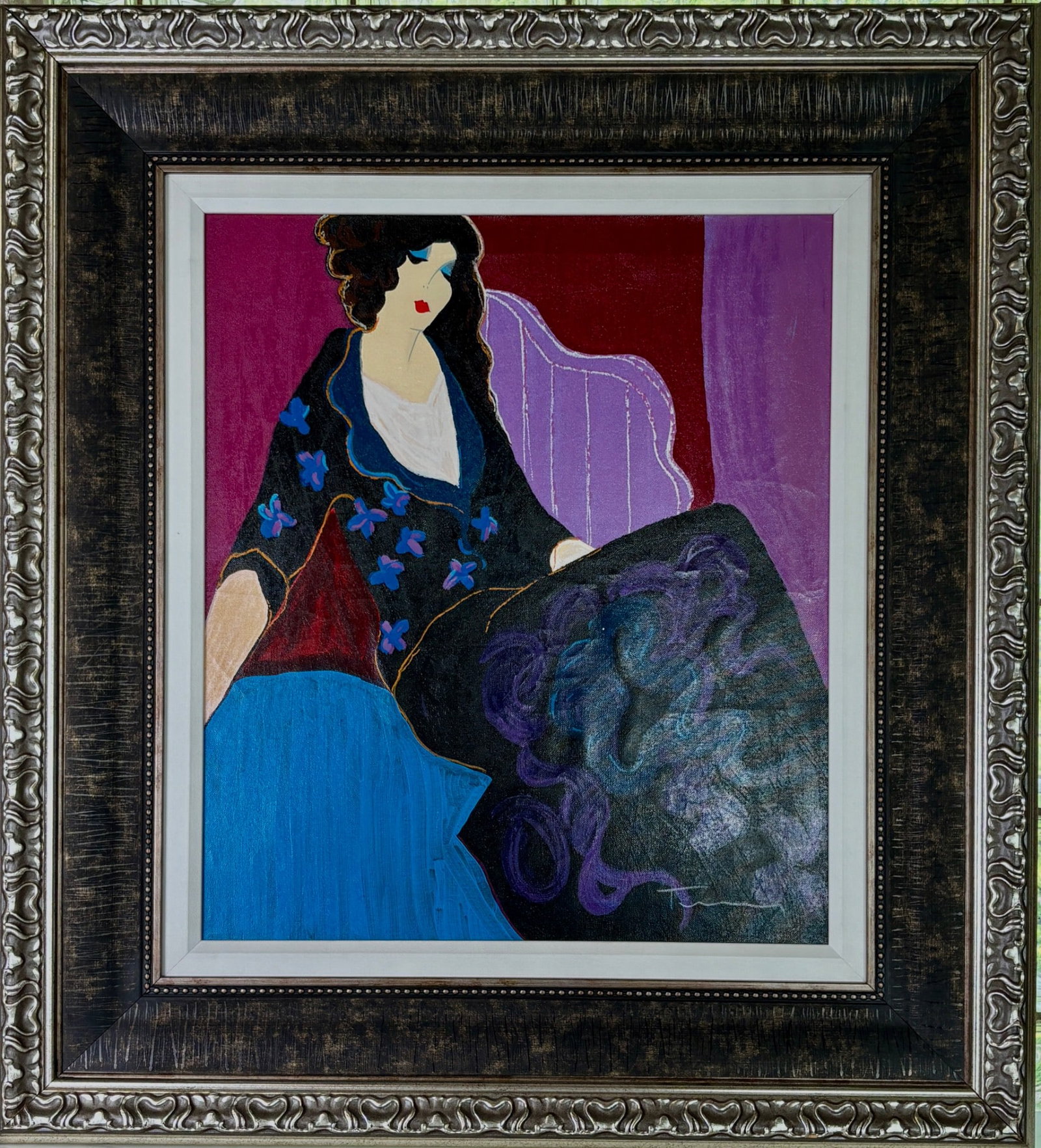 Chambre Violette Tarkay Embelished Serigraph on Canvas: Hand-embellished serigraph on canvas titled 'Chambre Violette' by Itzchak Tarkay. Features a seated woman rendered in Tarkay's signature bold style with vivid colors and intricate details. Signed in t