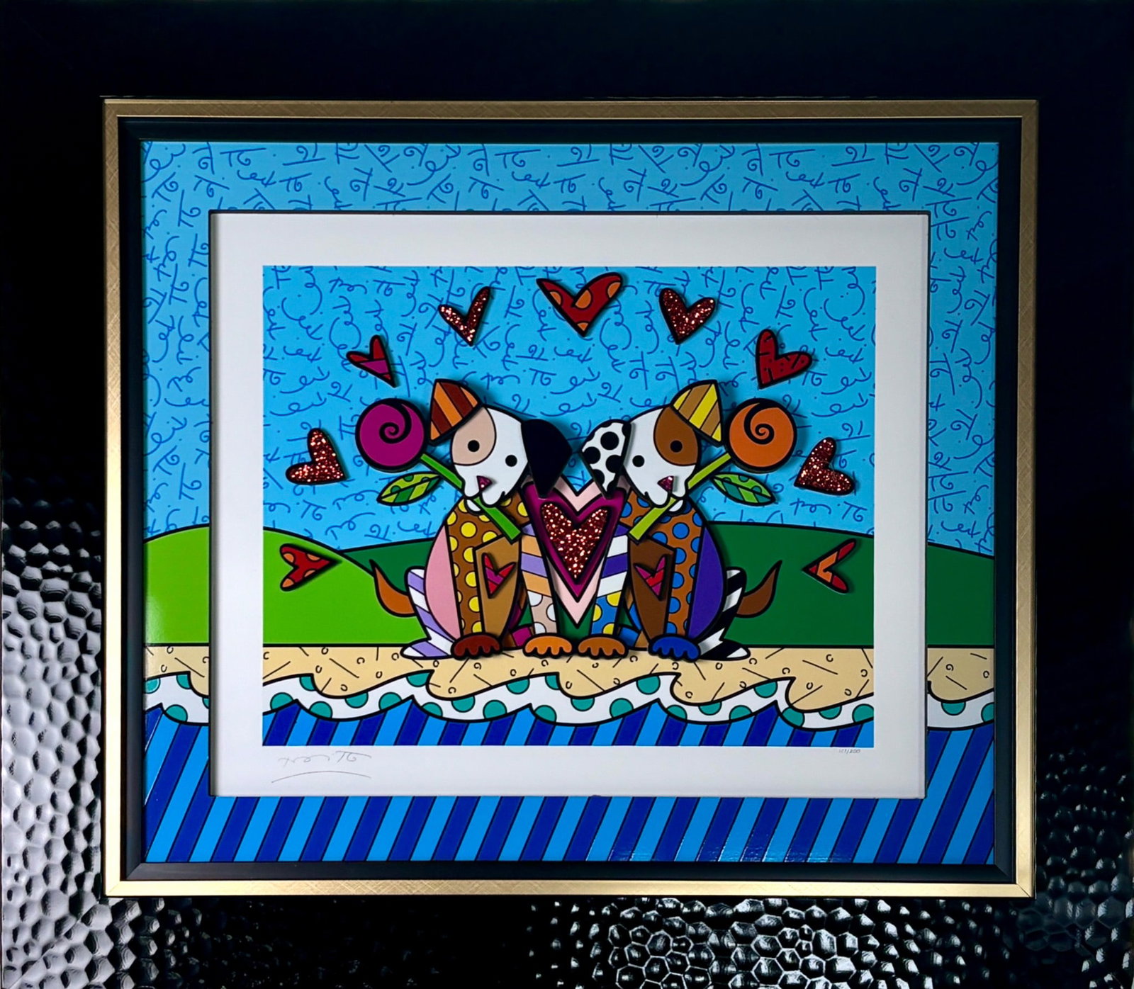 Romero Britto 3D Sculptograph Pet Love: Romero Britto 3D Sculptograph featuring colorful, cartoon-style dogs and hearts. This limited edition piece is signed by the artist and numbered 107/200. It utilizes multi-material construction, inclu
