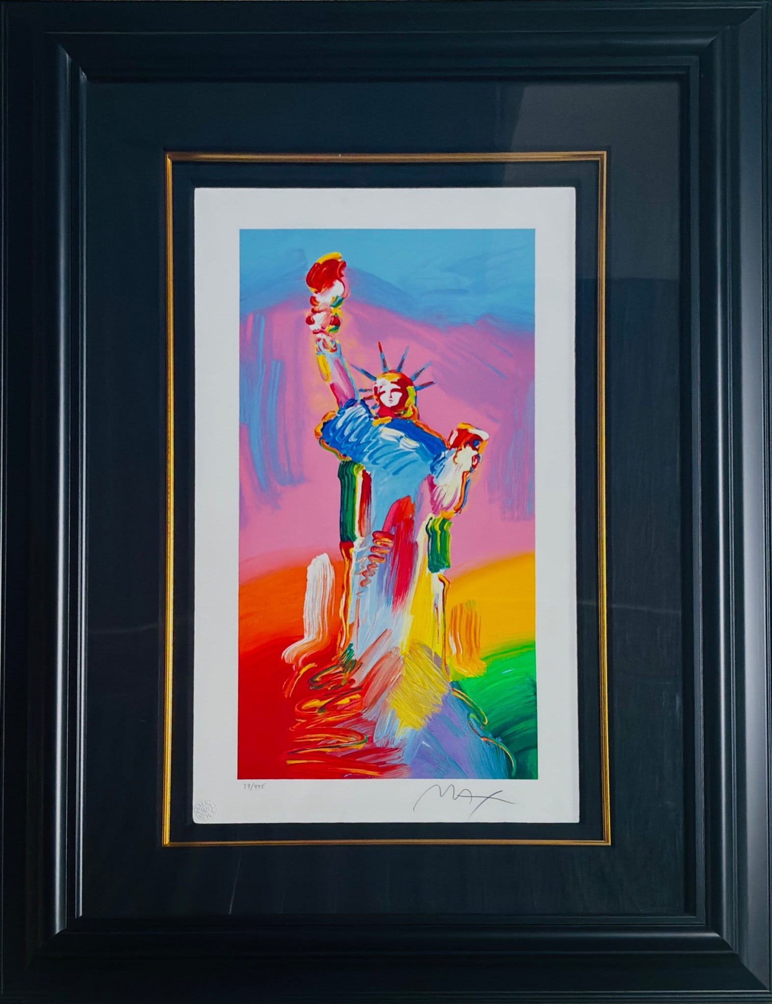 Peter Max 'Statue of Liberty' Serigraph on Wove Paper: Serigraph on wove paper by Peter Max, titled 'Statue of Liberty,' showcasing his iconic colorful style. Numbered 79 of 495 and signed in the lower margin. Includes an embossed Peter Max studio stamp. 