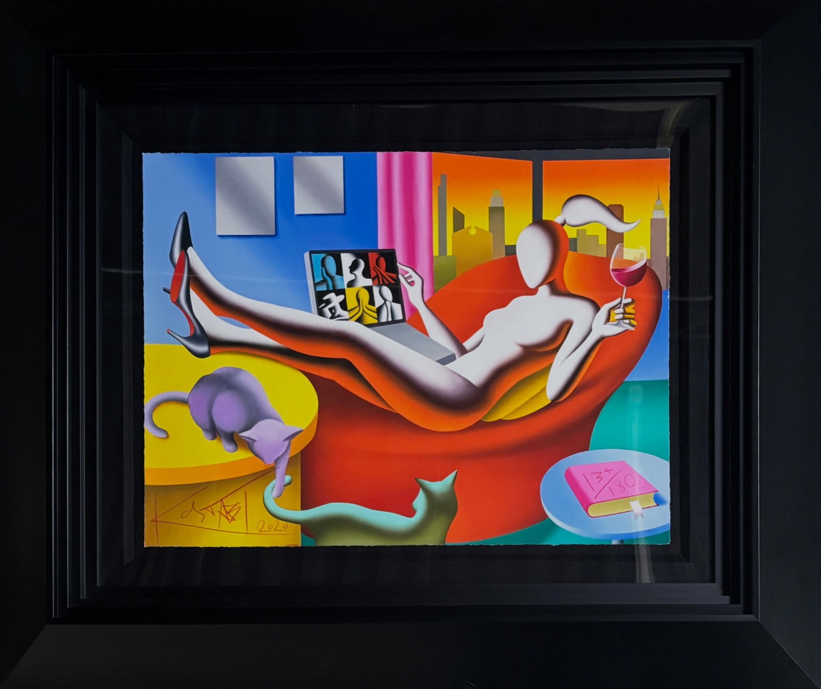 Mark Kostabi Twilight Zooming Giclee on Paper: Giclée on paper titled ‘Twilight Zooming’ by American artist Mark Kostabi, featuring a faceless figure seated with vibrant tones and surrealist elements. Signed in the print ‘Mark Kostabi 2020�