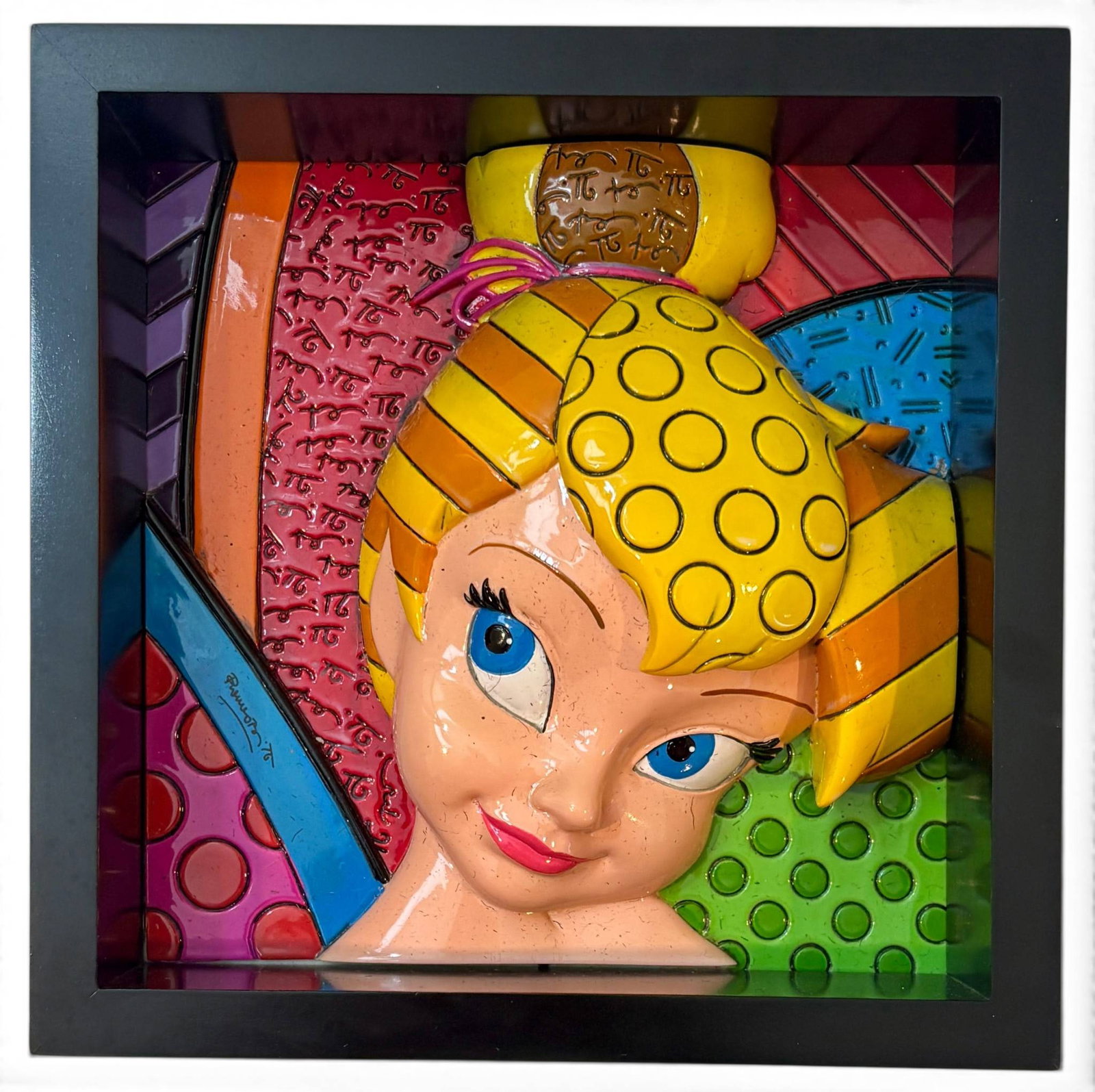 Romero Britto Disney Tinker Bell 3D Wall Art: Romero Britto-designed framed 3D wall art featuring Disney’s Tinker Bell. The piece showcases Britto’s signature vibrant colors, patterns, and pop art styling. Made under license by Enesco LLC in 
