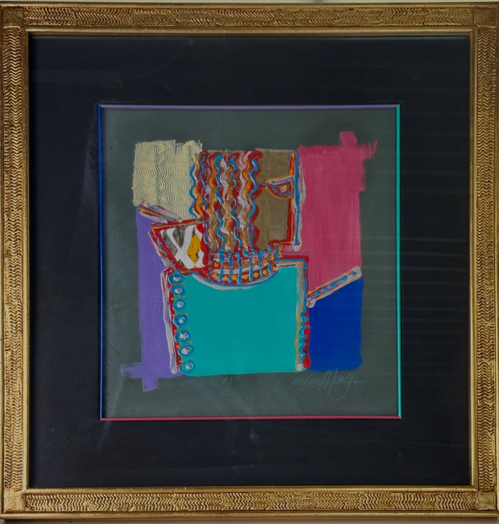 Cecilia Mayr ‘New Carnaval #1’ Mixed Media on Paper: Abstract mixed media artwork by Brazilian artist Cecilia Mayr titled ‘New Carnaval #1,’ featuring vibrant hues of turquoise, pink, blue, and gold with textured details. Signed on the lower right. 