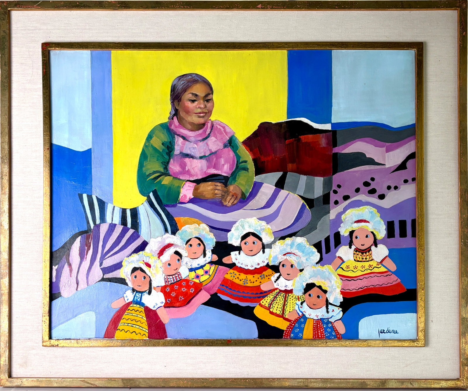 Doll Seller Oil on Canvas by Betty Jardine Mexico: Oil on canvas painting titled ‘Doll Seller,’ signed ‘Jardine’ at the bottom right corner and dated ‘9/87’ on the reverse. Depicts a seated woman with handmade dolls, against a vibrant and 