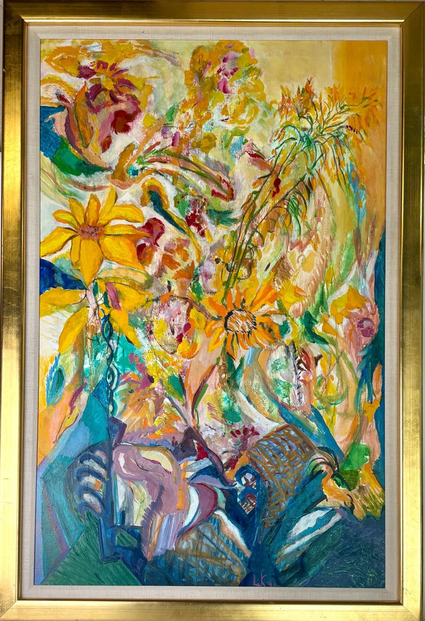 Contemporary Floral Oil Painting on Canvas, Signed LK: Contemporary floral-themed oil painting on canvas signed ‘LK’ at the lower edge, featuring dynamic, colorful compositions of yellow flowers with abstract organic forms. Includes a gold-tone frame 
