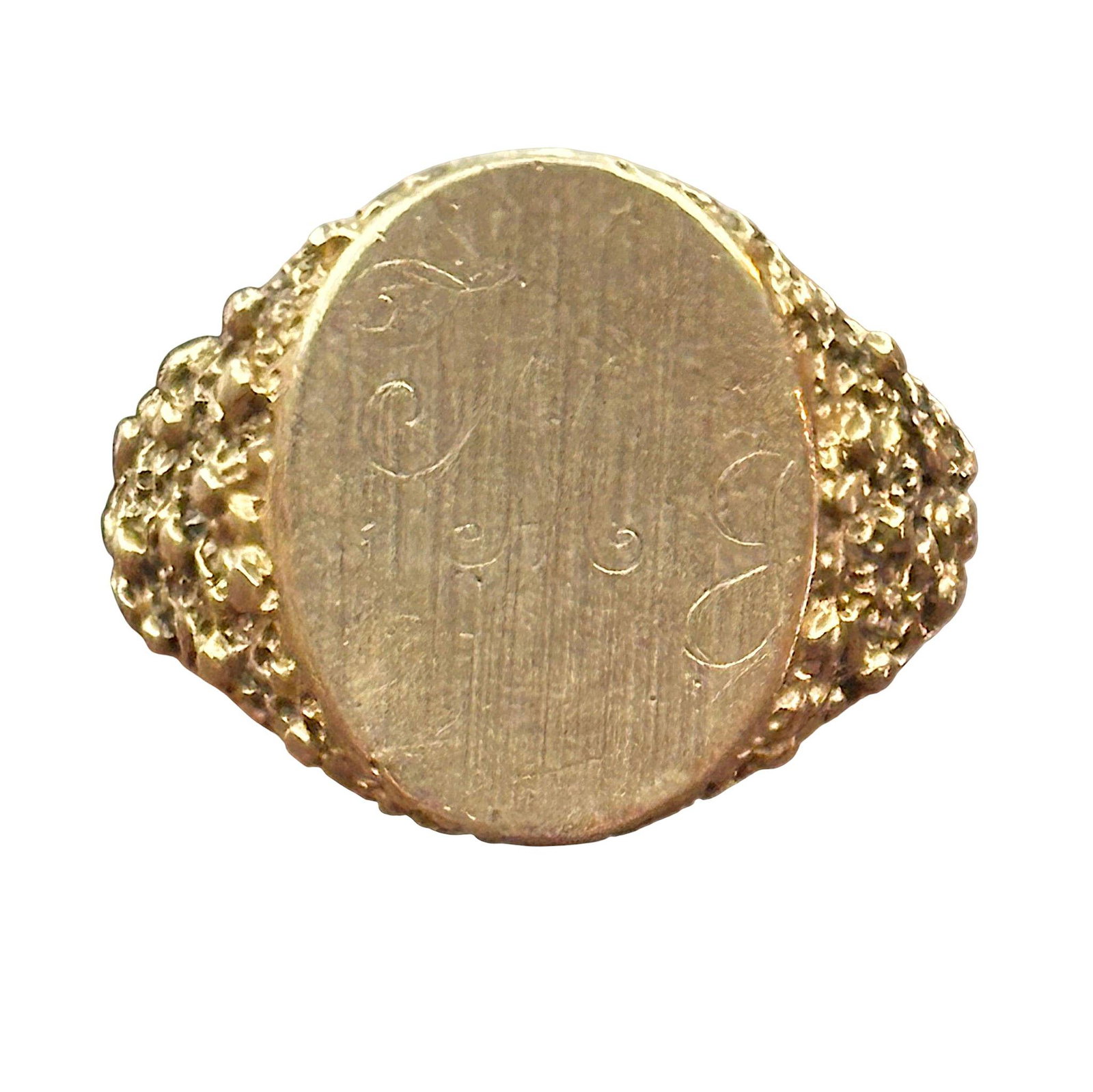 10K Gold Oval Signet Ring with Textured Shoulders (1 of 7)
