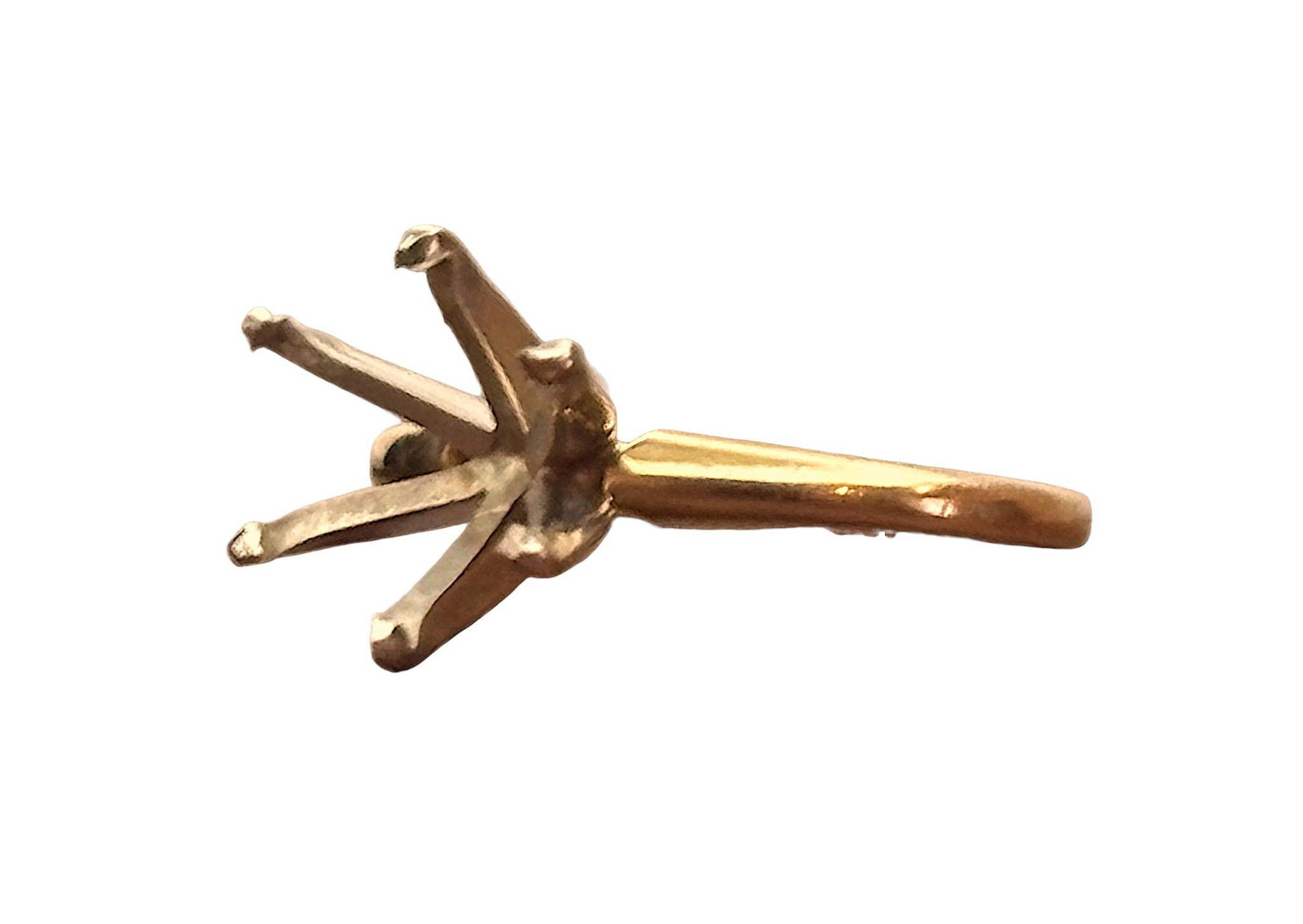 14K Yellow Gold Solitaire Ring Setting with Six Prong Mount: 14K yellow gold solitaire ring setting featuring a six-prong mount designed to hold a gemstone. The interior of the band is stamped ’14K.’ The ring displays a sleek and polished finish. No gemston