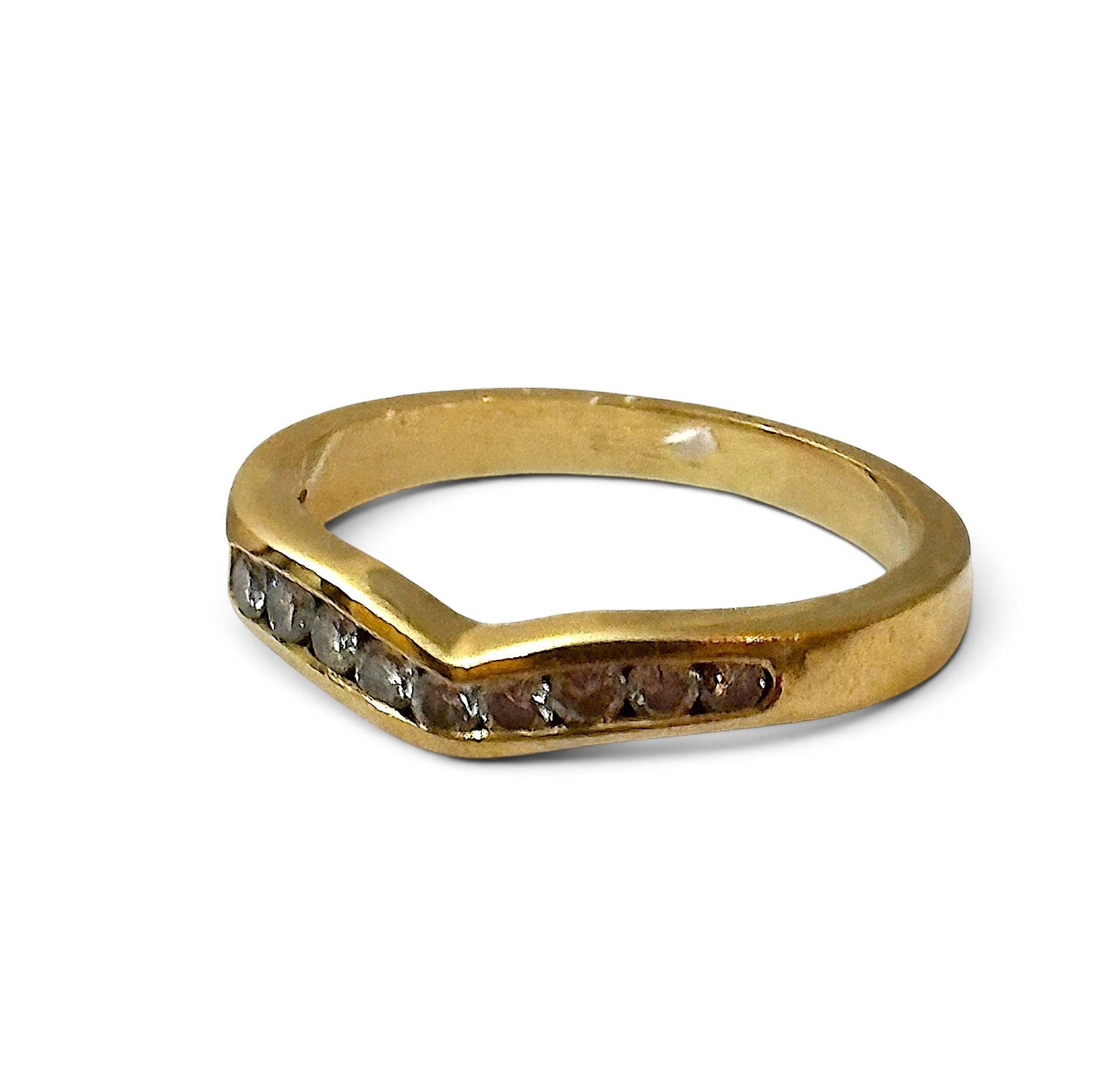 14K Gold Chevron Band with Channel-Set Diamonds: 14K gold chevron-design band featuring channel-set round-cut diamonds. The diamonds are set along the angled edge, creating a sleek and contemporary look. Band displays standard wear consistent with u