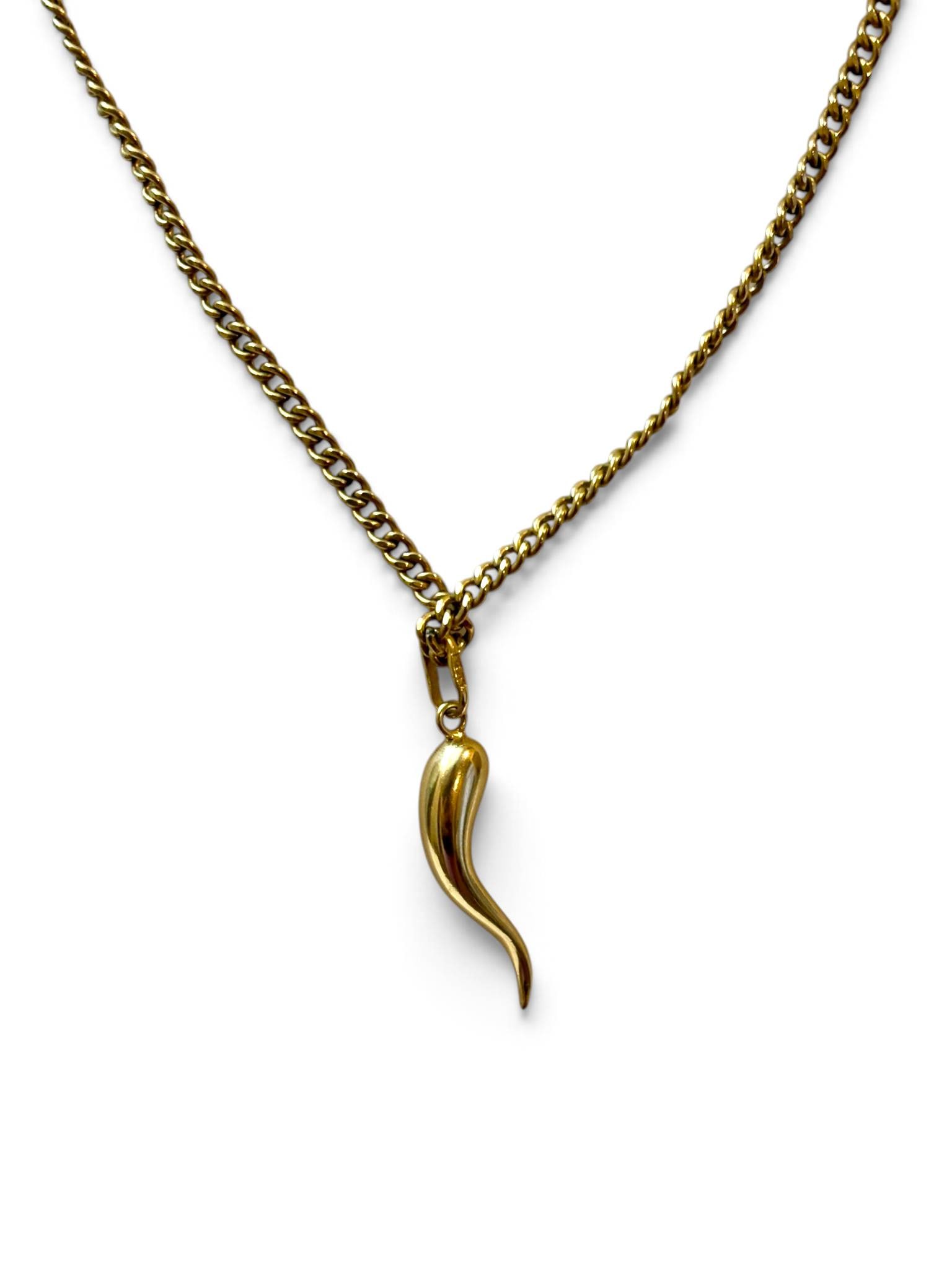 14K Italian Cornicello Pendant on 12k Gold Filled Chain: 12K gold-filled chain with a 14K gold pendant crafted in Italy. The pendant features a cornicello (horn-shaped) design. The chain has a spring ring clasp, with hallmarks visible. Both chain and pendan