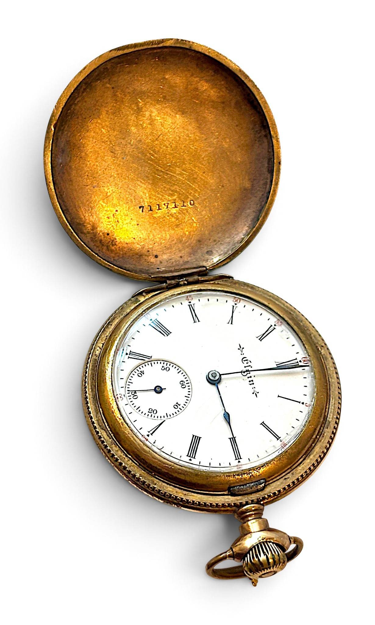 Elgin 15-Jewel Hunting Case Pocket Watch 1904: Elgin 15-jewel pocket watch featuring a gold-filled open-face case engraved with floral and geometric patterns. The enamel dial displays Roman numerals, a subsidiary seconds dial, and blued steel hand