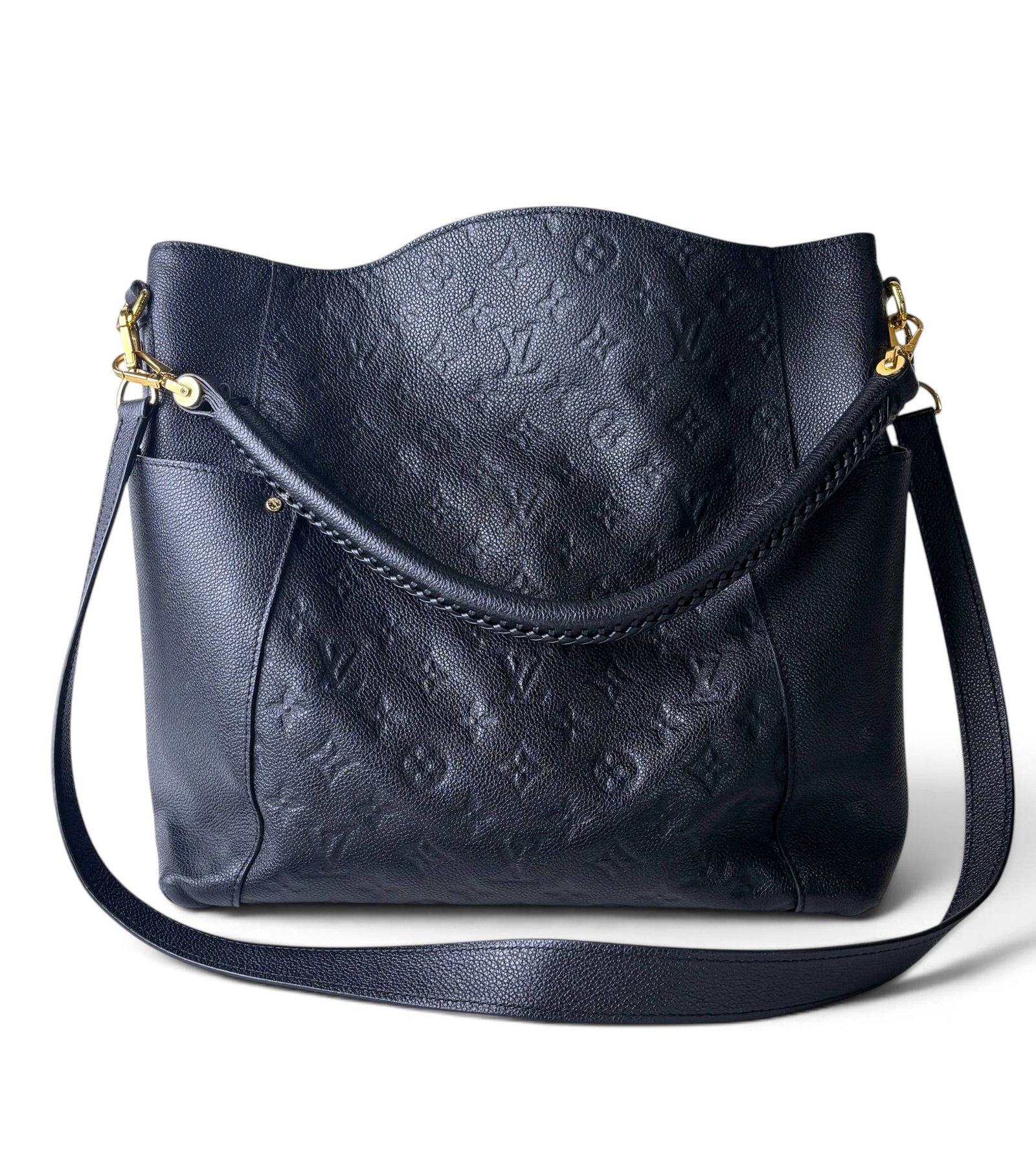 Louis Vuitton Empreinte Black Leather Hobo Bag: Louis Vuitton hobo bag crafted from black Monogram Empreinte leather featuring embossed monogram pattern. Equipped with gold-tone hardware, a detachable leather shoulder strap, and an open-top design.