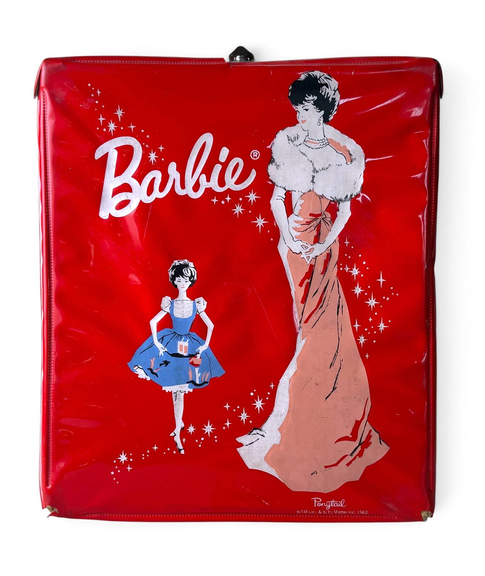 1962 Mattel Barbie Ponytail Case, Fashion Doll, and Clothing: Includes a 1962 vinyl Barbie Ponytail carrying case by Mattel, marked with appropriate licensing, showing wear and minor damage to the handle. The lot features a Barbie doll with rooted blonde hair, m