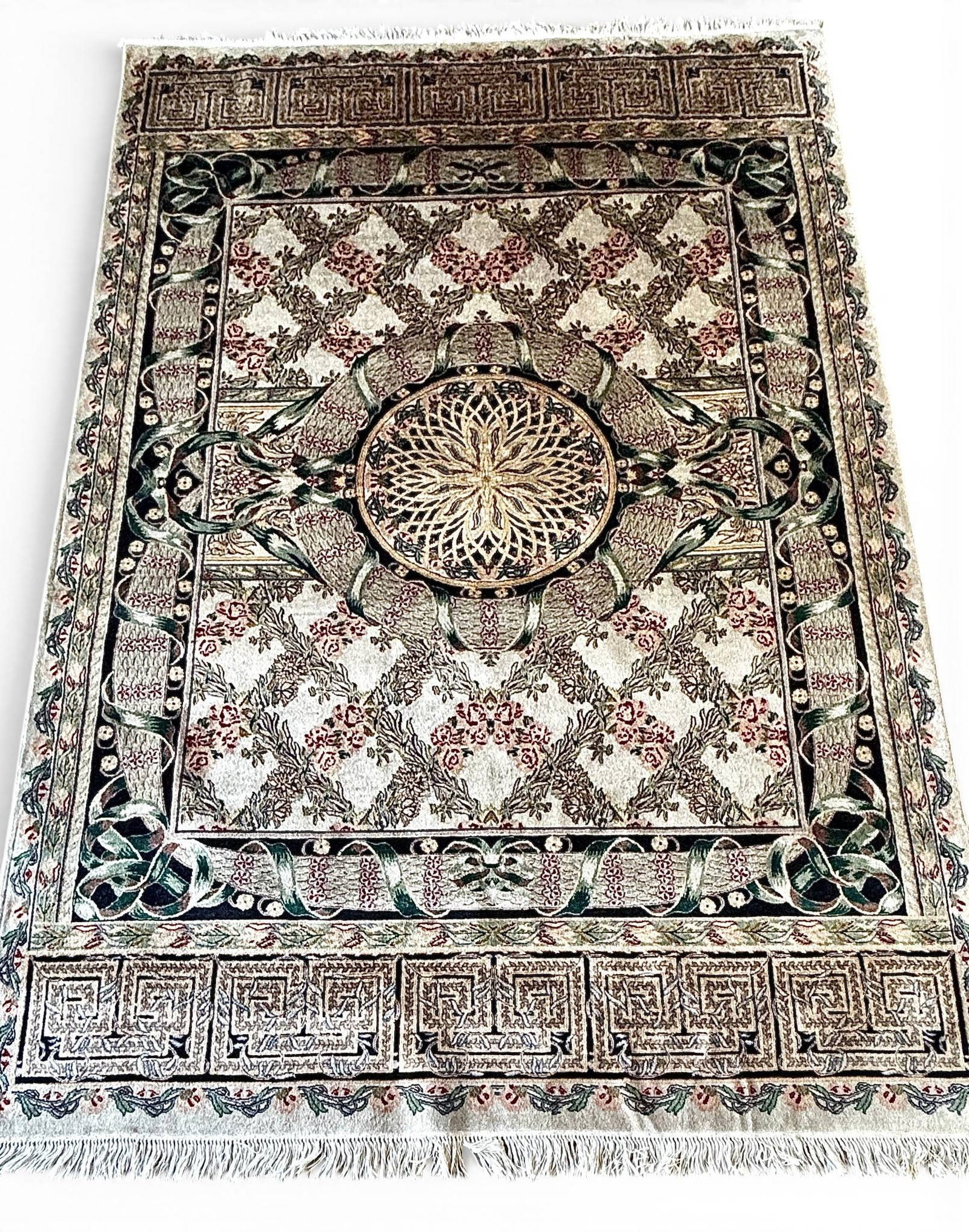 Hand-Knotted Pakistani Persian Wool Rug 9 x 6: A hand-knotted Persian wool rug made in Pakistan, featuring an intricate medallion design with floral and geometric motifs. The central medallion is surrounded by coordinating floral patterns and