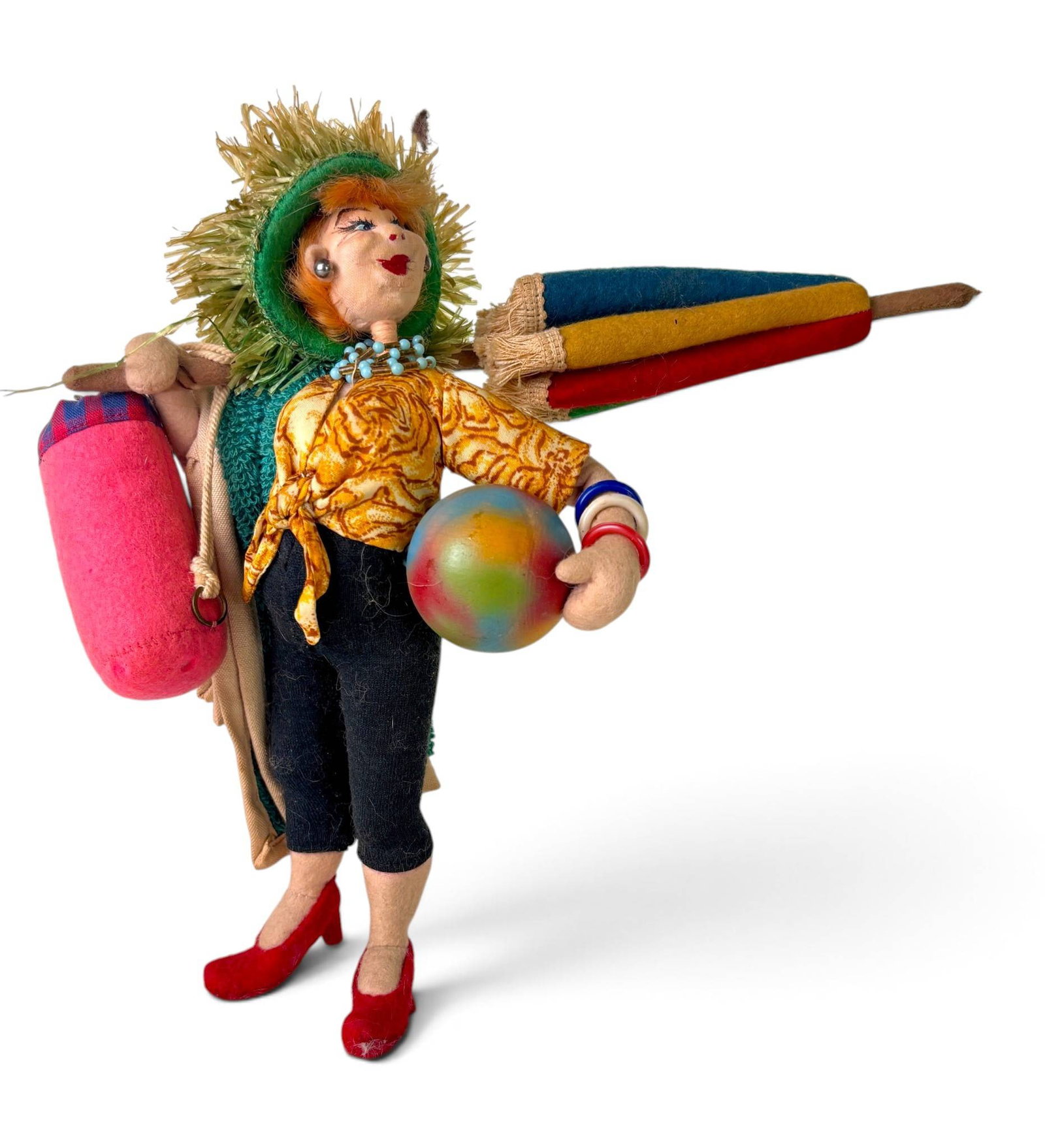 Roldan Barcelona Cloth Doll with Woven Hat and Accessories: Handcrafted Roldan Barcelona cloth doll featuring a colorful woven hat with straw trimming and vibrant painted details. Dressed in a yellow patterned blouse, black trousers, and red shoes. Includes