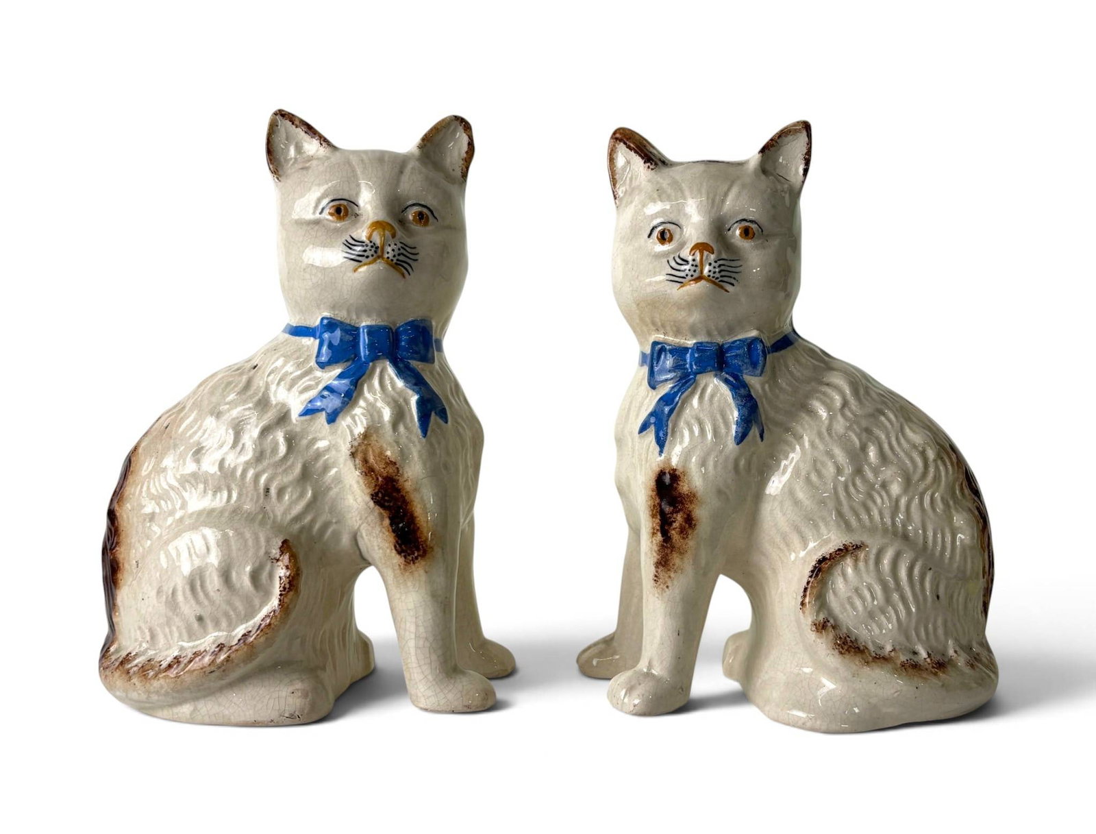 Staffordshire Glazed Pottery Cats with Blue Bows (1 of 8)