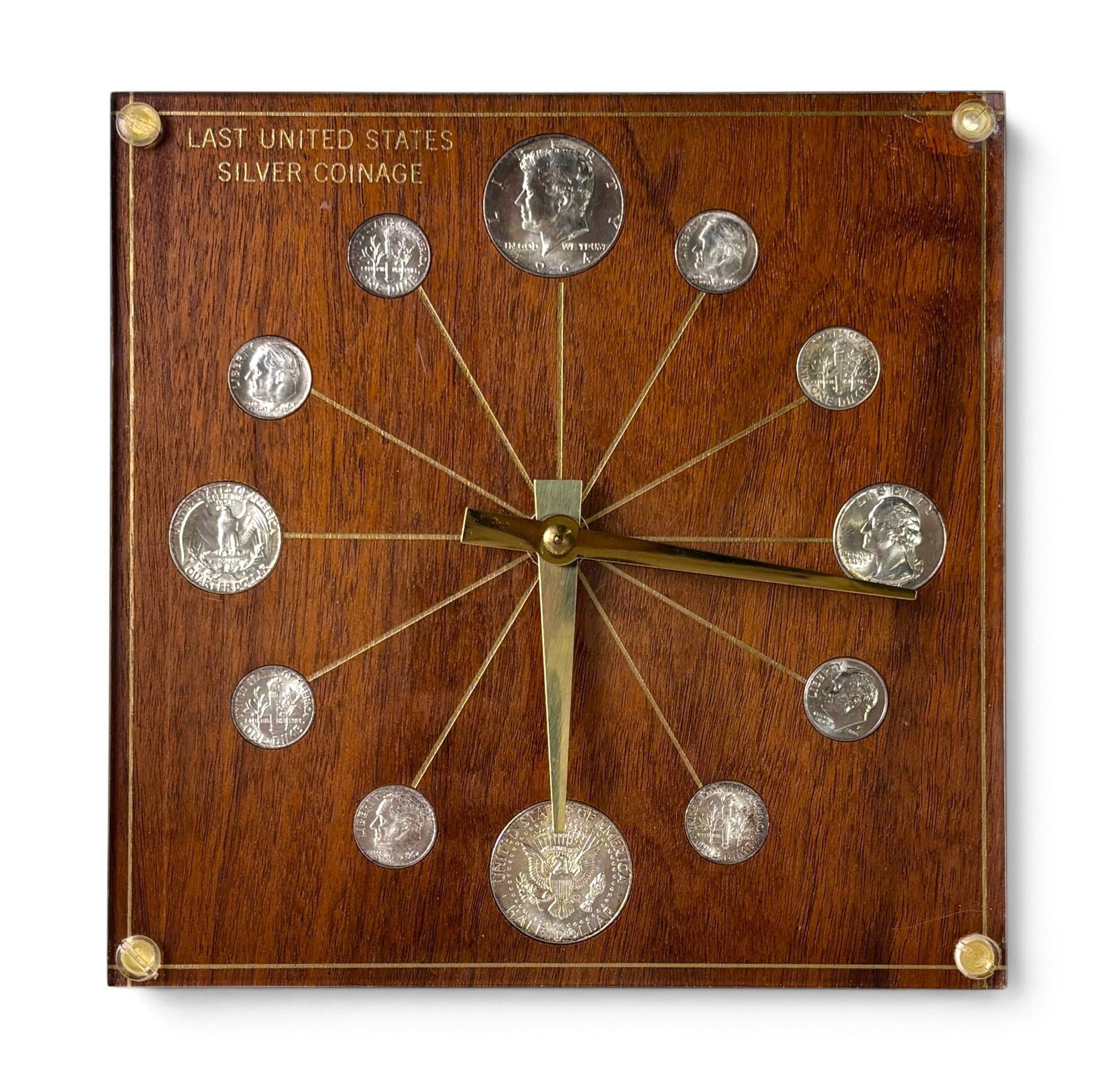 Marion-Kay Model 72 Desk Clock Last U.S. Silver Coinage: Mid-century modern desk clock by Marion-Kay, Model 72, featuring a walnut face with ‘Last United States Silver Coinage’ motif. Coins representing denominations from the last U.S. fine silver issue