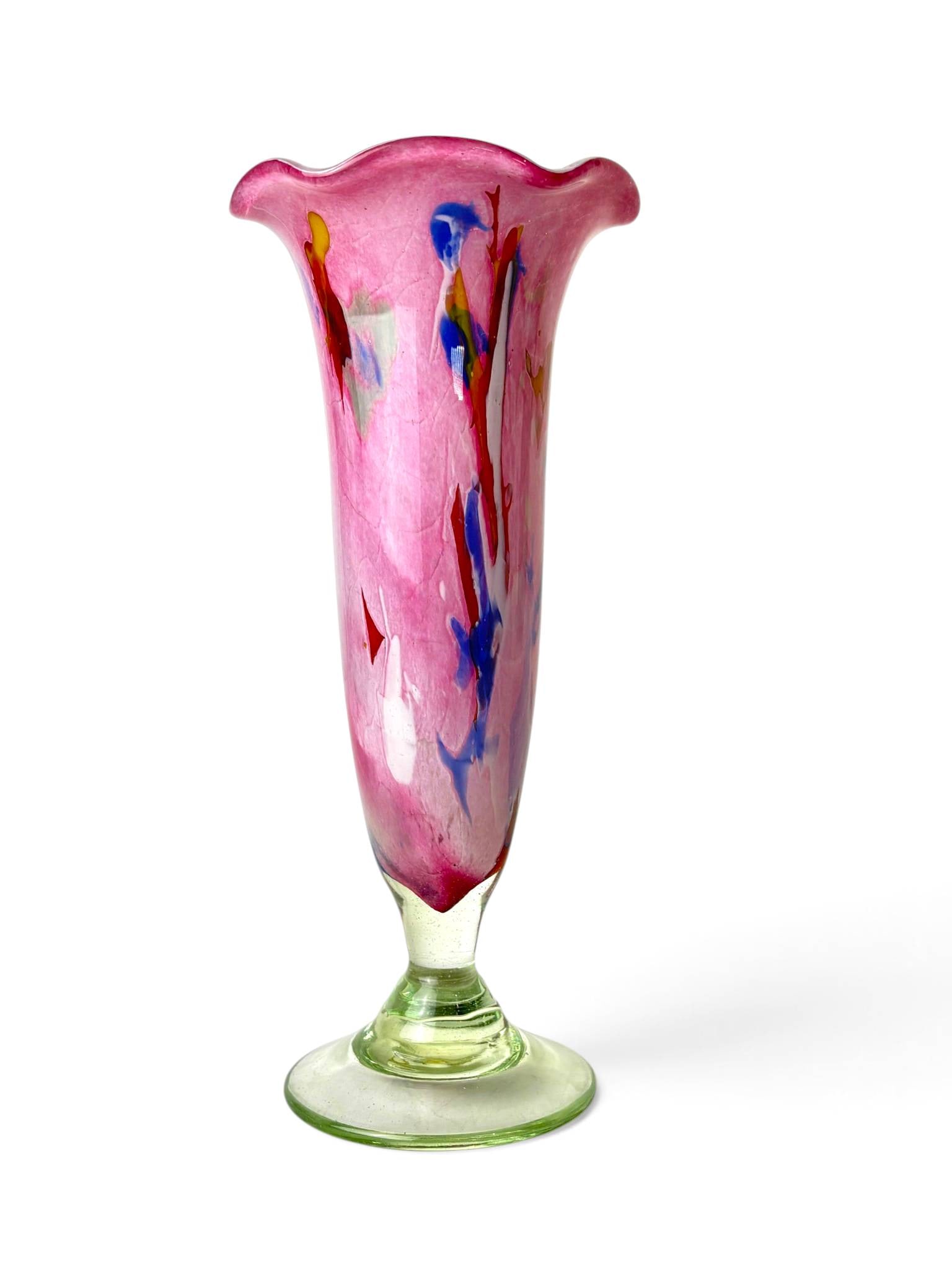 Marc Biot for Verrerie de Biot Hand-Blown Glass Vase: French art glass vase by Marc Biot for Verrerie de Biot. Crafted in hand-blown glass, the vase features polychrome inclusions in pink, green, blue, and red hues, along with controlled bubble inclusion
