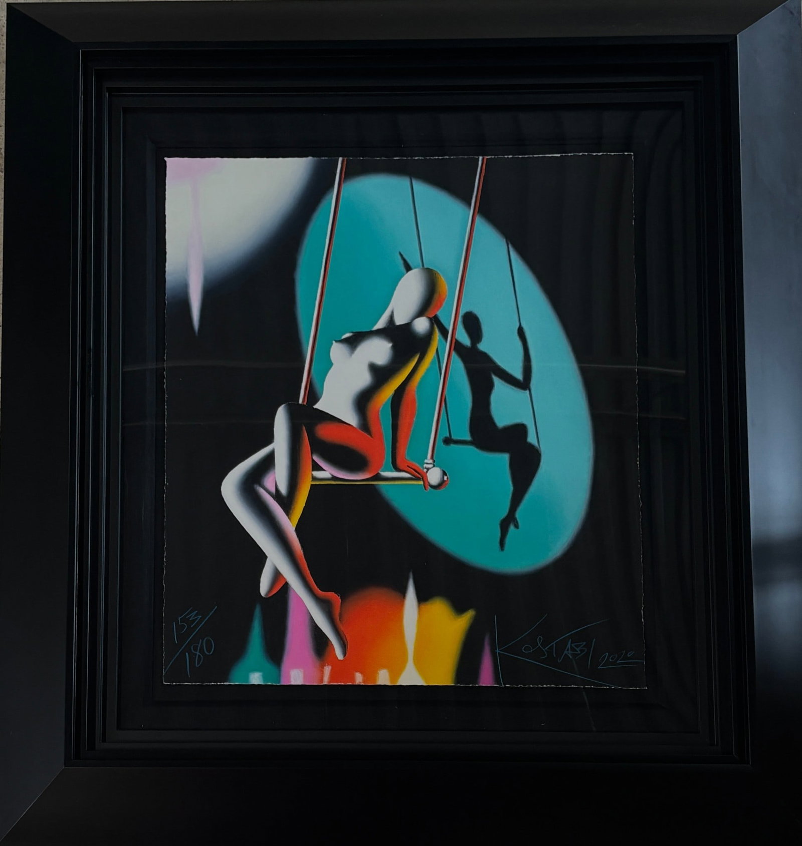 Some Like it Hot Giclee on Paper Mark Kostabi: "Some Like It Hot" giclee on paper by Mark Kostabi, featuring a stylized depiction of figures on swings under dramatic lighting. The artwork, numbered 153/180, is signed by the artist in the lower-rig