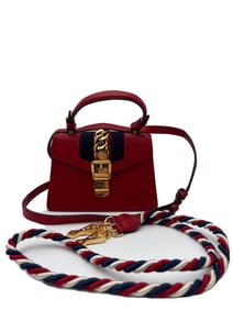 Gucci Calfskin Mini Sylvie Top Handle Bag Red & Navy