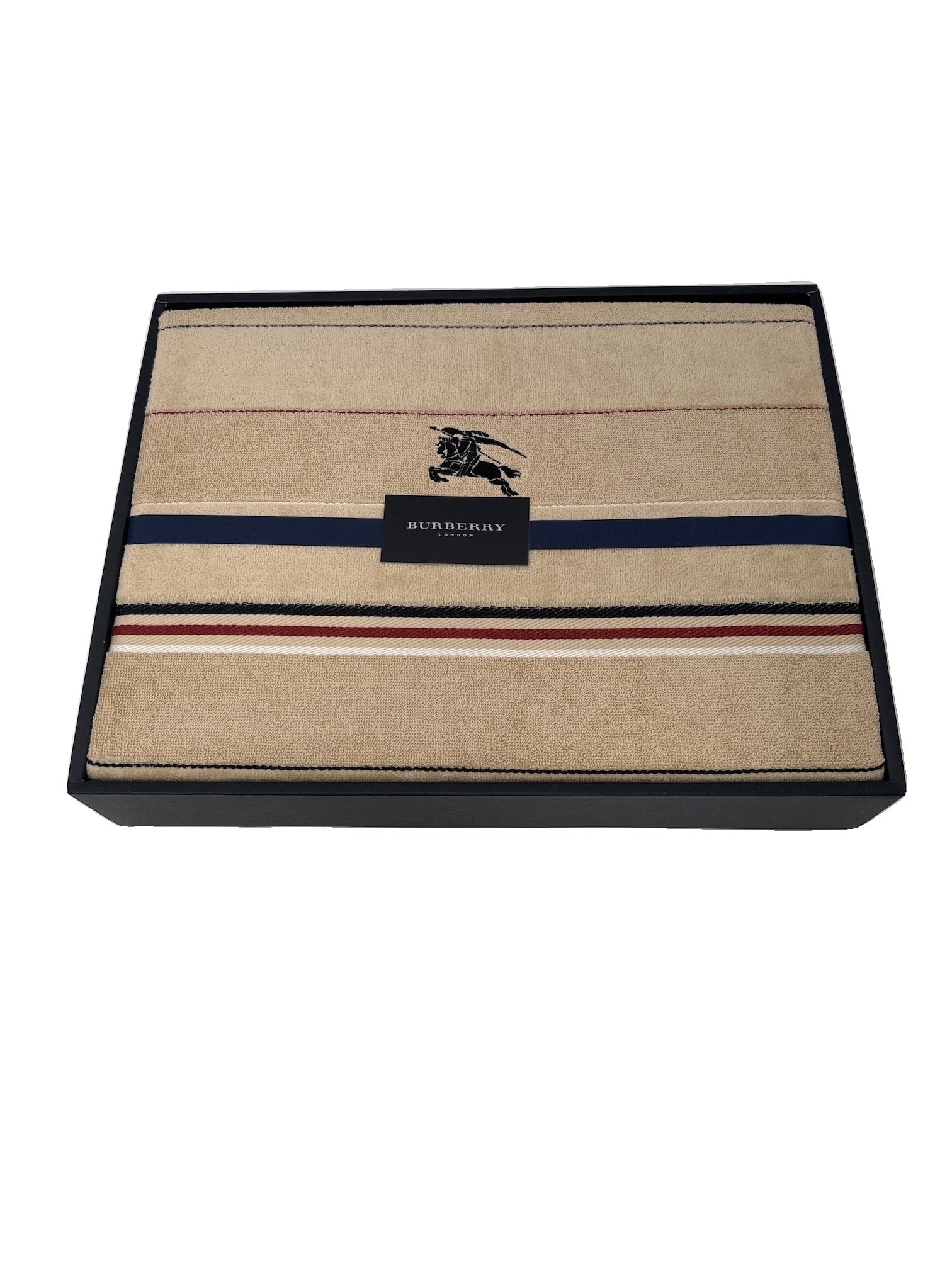 Burberry Towel Set: This Burberry towel set features a luxurious design, showcasing a classic beige color with elegant stripes in navy and red. The iconic Burberry logo is prominently displayed, adding a touch of sophist