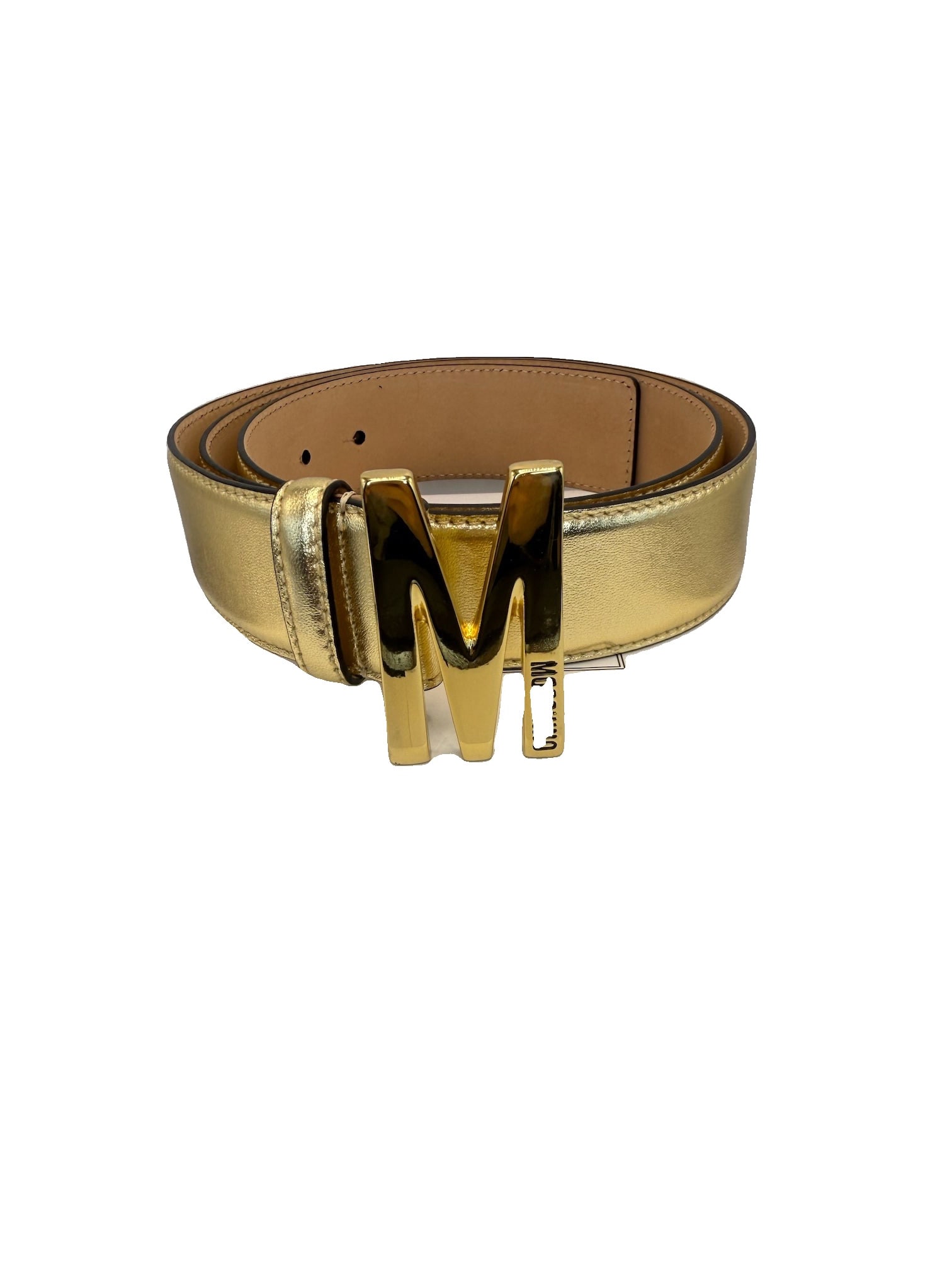 Moschino M Buckle Belt, 48: This Moschino M Buckle Belt features a striking gold-tone buckle that showcases the iconic "M" design, adding a bold statement to any outfit. The belt is crafted from high-quality materials, with a sl