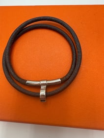 Hermes Kelly Bracelet Choker Necklace Brown Silver