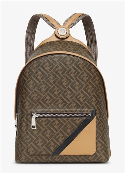 Fendi Diagonal Fendi Chiodo: Spacious, structured backpack. The design features a metal rivet with an engraved FF logo that joins the shoulder straps and allows it to be worn as a one-shoulder style. Made of brown FF canvas with
