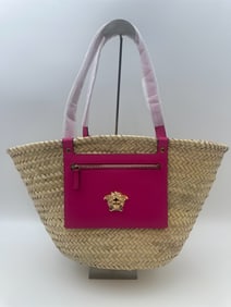 Versace Straw/Leather Top Handle Tote Bag