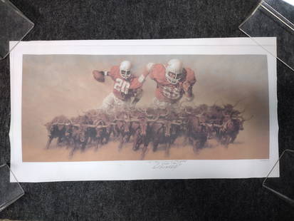 Earl Campbell Signed JB Martin Lithograph: Earl Campbell Signed JB Martin Lithograph pencil signed by Earl Campbell, signed: To my Friend Harold, Peace & Love Earl Campbell, 30.5x15.75, top left corner has wear