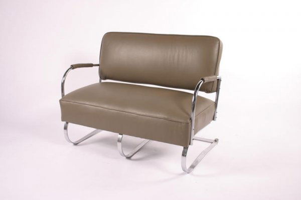 Kem Weber Loveseat, USA circa 1940-1950: 32h x 42w x 20d x 15seat inches, chrome and grey leather