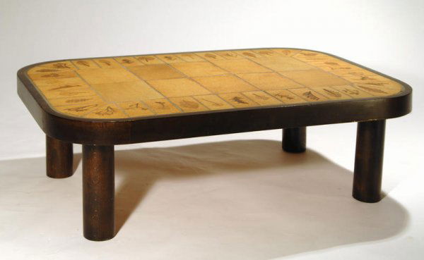 Roger Capron Coffee table, Vallauris, France 1950: see same form and size Pierre Staudenmeyer: Roger Capron, Céramiste, page 106 /different ceramic panels/13h x 39w x 27d inches, high glazed ceramic with imprinted leaves, wood base and legs, signed b