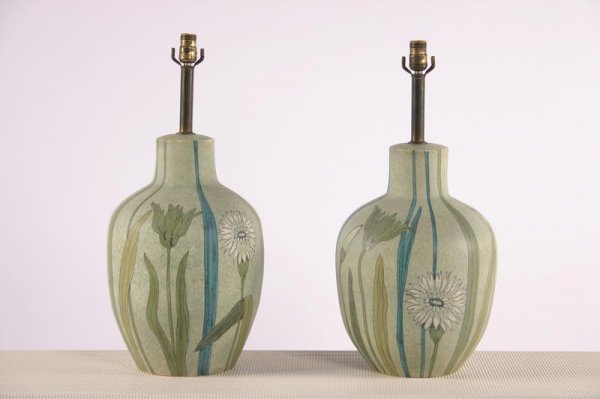 Raymor Ceramic table lamps, pair, Italy 1950's: 26h inches each, ceramic, decorated with painted flowers, signed at the bottom,Manufacturer: Fantoni