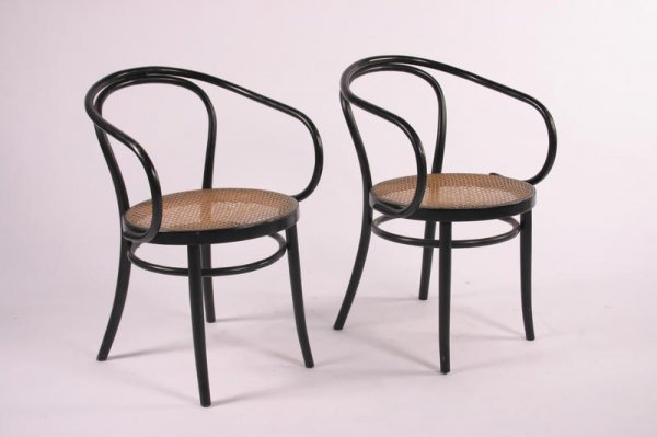 Thonet, Austria Armchairs, Vienna c. 1900: 31.5h x 18dia x 18.5h seat inches, steamed oak, rush, Manufacturer: Thonet & Thonet Co.