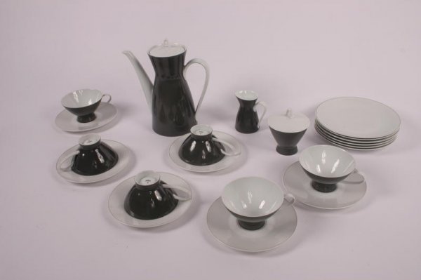 Raymond Loewy for Rosenthal Coffee service for 6, : off white and grey glazed ceramic, signed at bottom Rosenthal, GermanyManufacturer: Rosenthal,