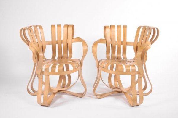 Frank O Gehry "Crosscheck" chairs, pair, USA 1992: Frank O Gehry "Crosscheck" chairs, pair, USA 1992, Knoll International,Dimensions: 34h x 27w x 24d x 19seat inches, burl wood, signed by Knoll 1992