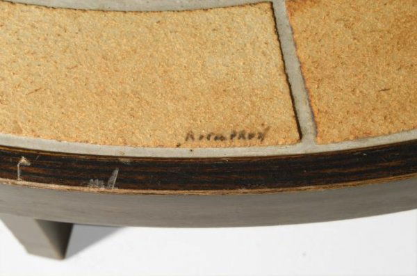 Roger Capron Oval coffee table, Vallauris, 1950: Roger Capron Oval coffee table, Vallauris, France 1950, Dimensions: 11.5h x 41w x 35d inches, glazed ceramic tiles with imprinted flower decorations, wooden base