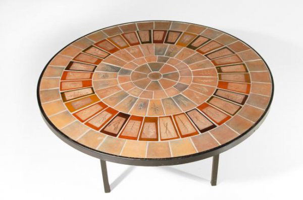 Roger Capron Coffee table, Vallauris, France, 1950: Roger Capron Coffee table, Vallauris, France, circa 1950, Dimensions: 15h x 35dia inches, glazed and enameled ceramic tiles with imprinted flower decoration, steel frame