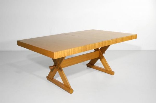 Paul Laszlo Dining table, USA, c. 1950: Paul Laszlo Dining table, USA, c. 1950 Dimensions: 28h x 66w x 22d inches, plus 2 x 15w x 30d inches extra panel, blond mahogany, brass, signed and labeled at bottom