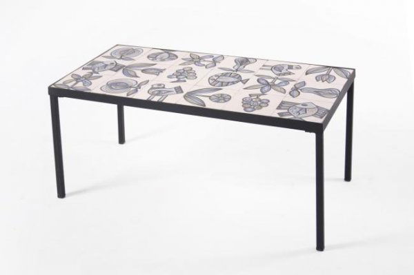 Roger Capron Coffee table, Vallauris, France 1950: Roger Capron Coffee table, Vallauris, France, circa 1950, Dimensions:15.5h x 36.5w x 18d inches, ceramic panels with stylized forms, black enameled steel base