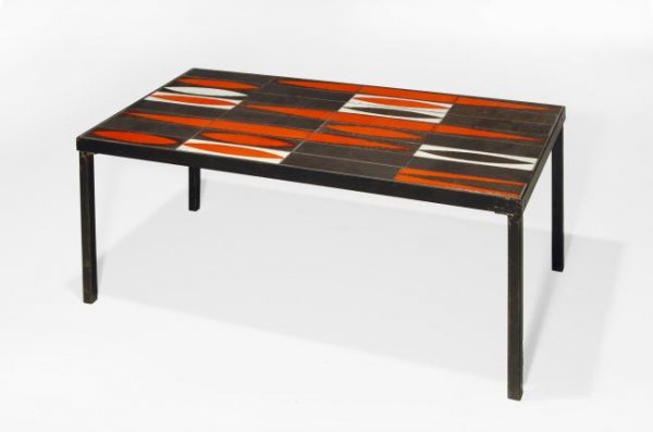 Roger Capron "Navette" coffee table, Vallauris 1956: Roger Capron "Navette" coffee table, Vallauris, France,1956 -1961 Dimensions: 15.5h x 48w x 20d inches, matt glazed, enameled ceramic tiles, black enameled steel base and legs Literature: Pierre Staud
